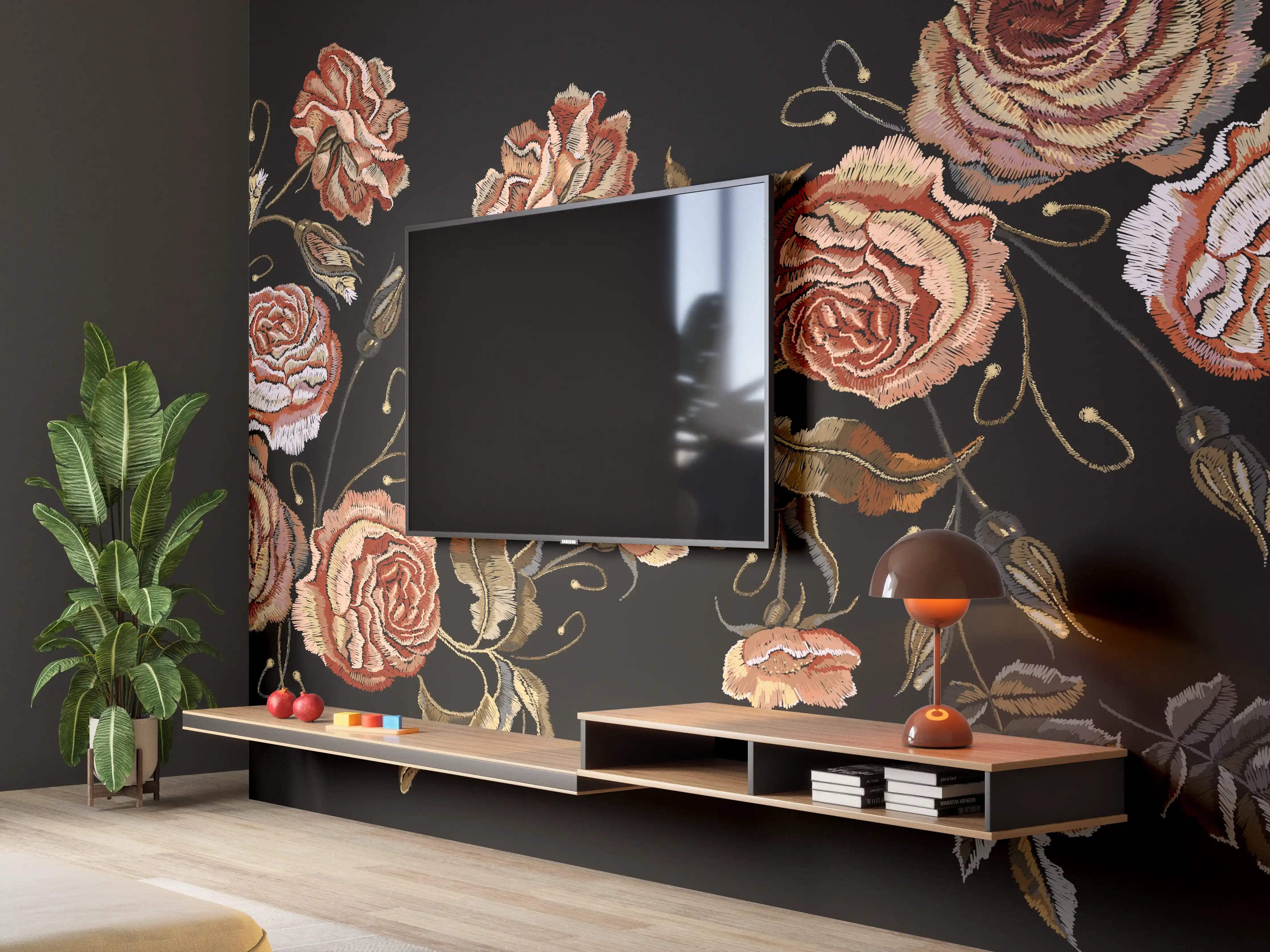 Wandverkleidung Wohnzimmer - Rosenstickerei Renaissance Schwarz