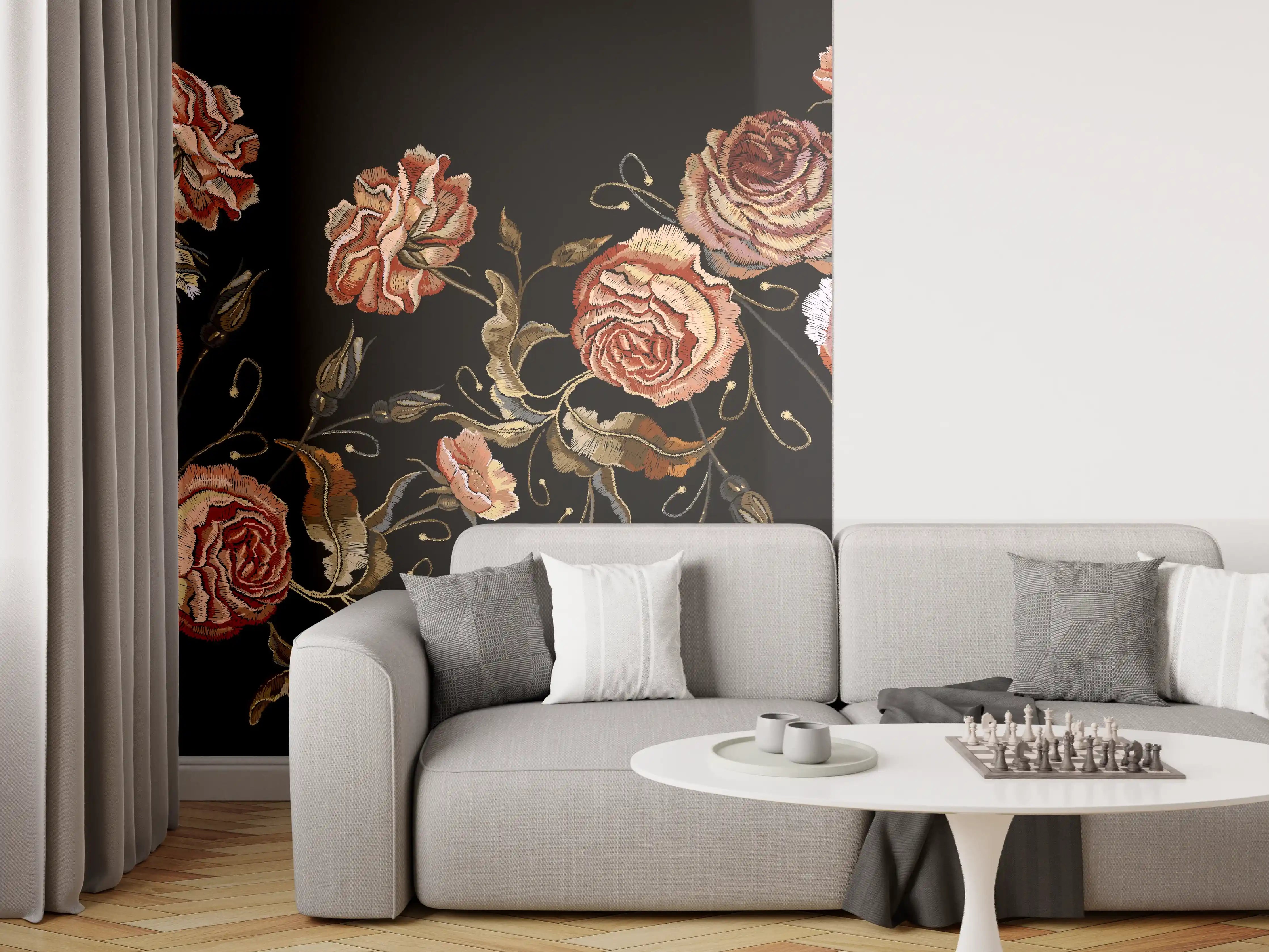Wandverkleidung Wohnzimmer - Rosenstickerei Renaissance Schwarz