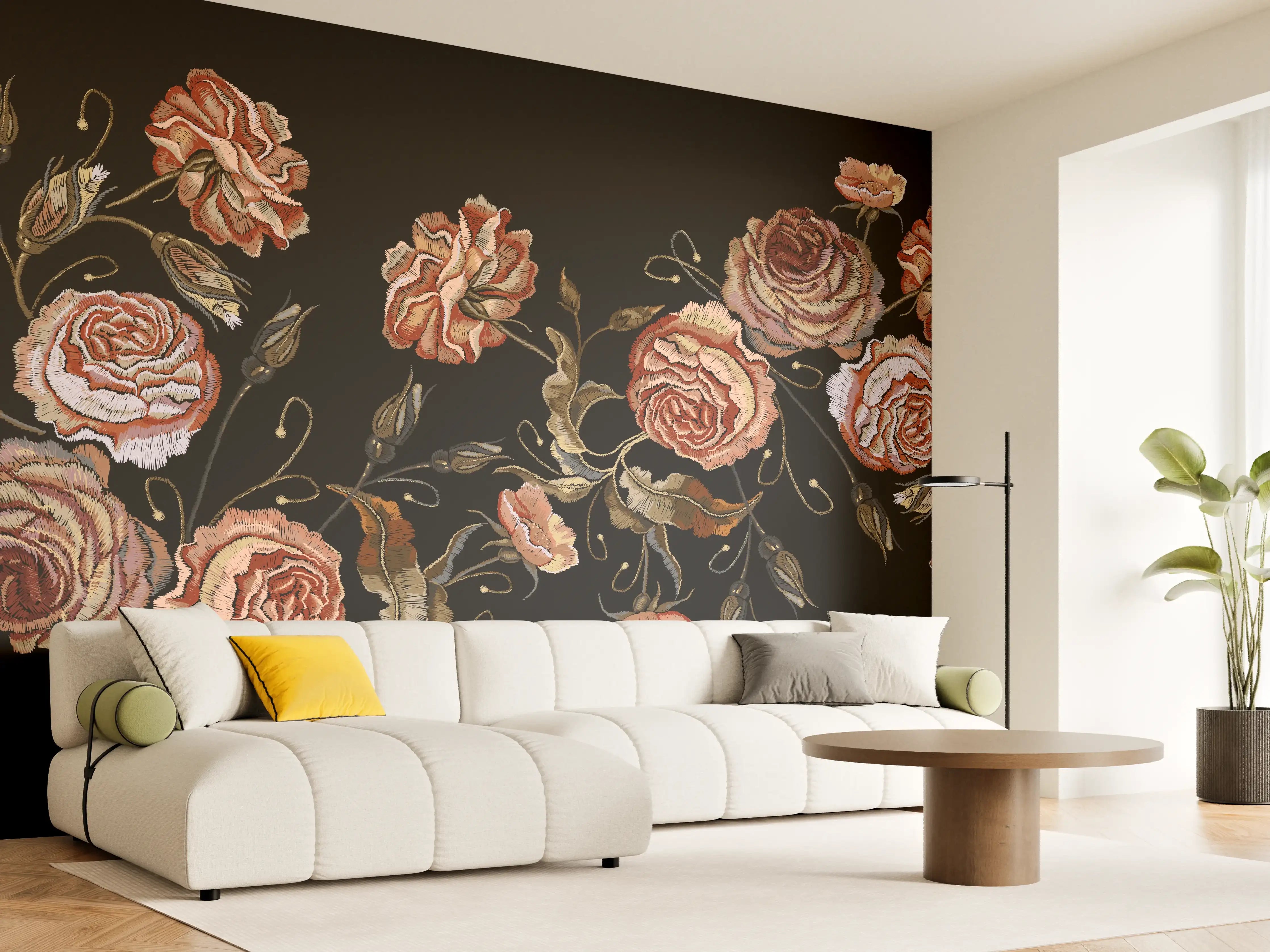 Wandverkleidung Wohnzimmer - Rosenstickerei Renaissance Schwarz