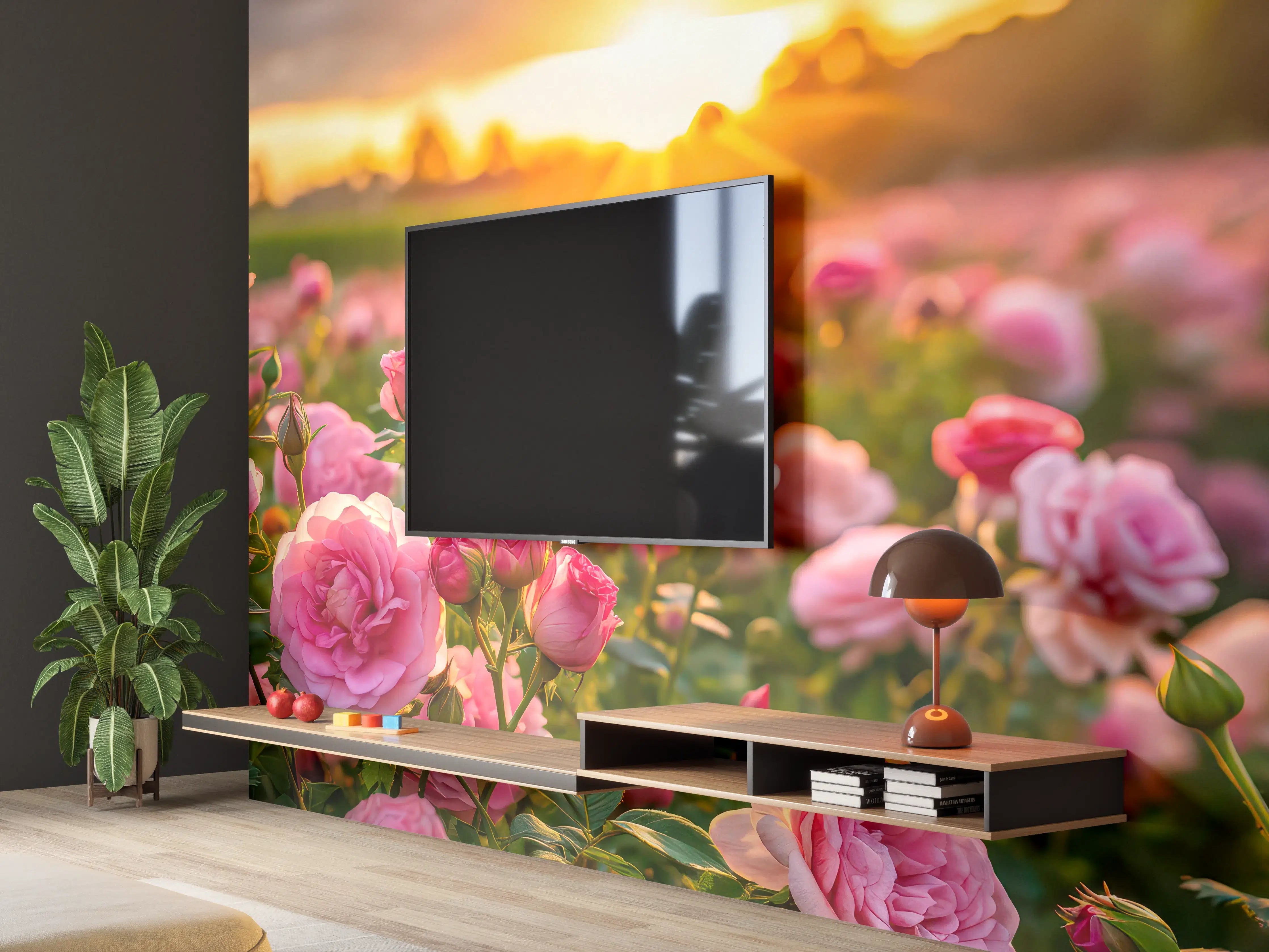 Wandverkleidung Wohnzimmer - Rosenwiese bei Sonnenuntergang