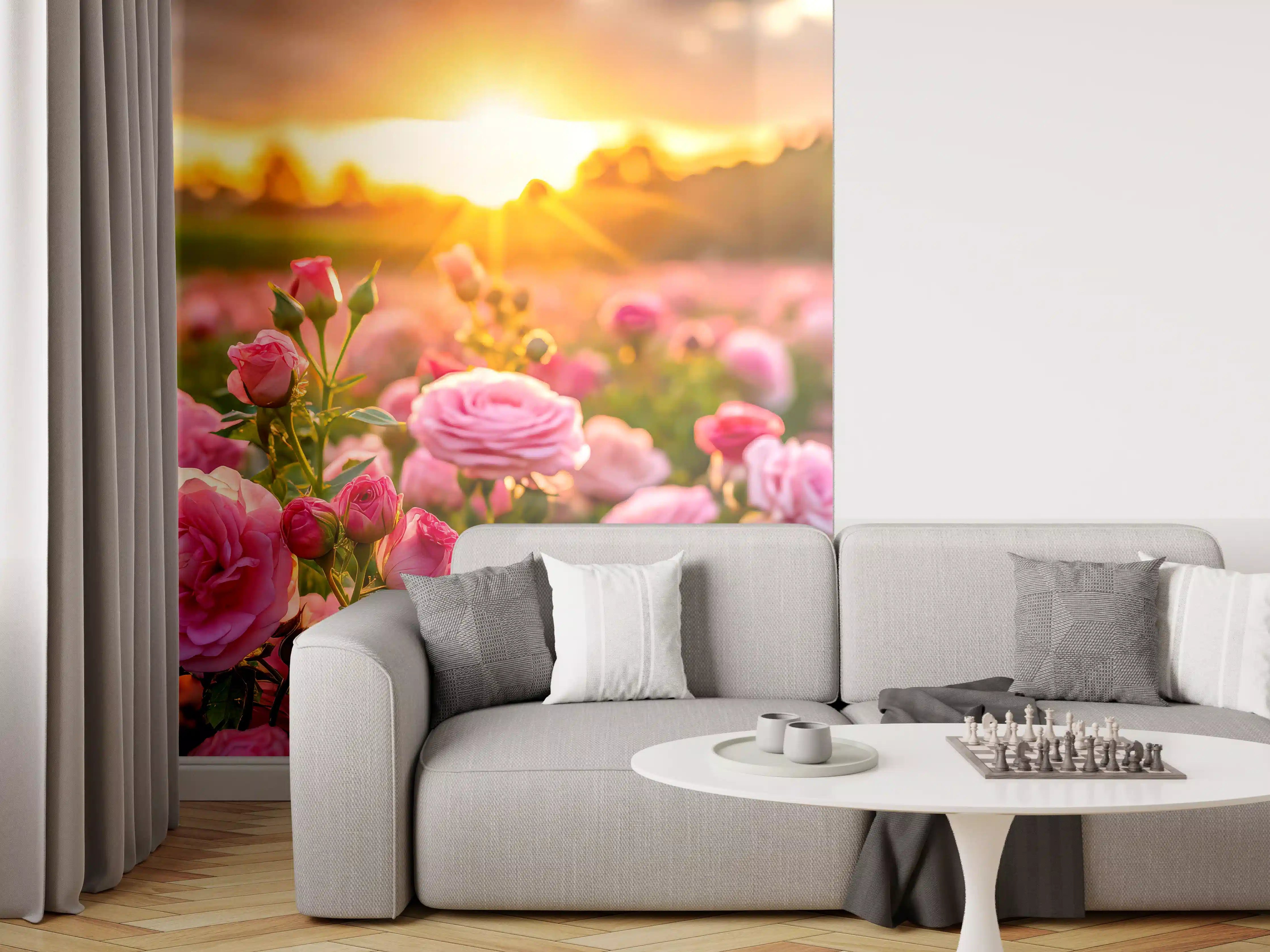 Wandverkleidung Wohnzimmer - Rosenwiese bei Sonnenuntergang