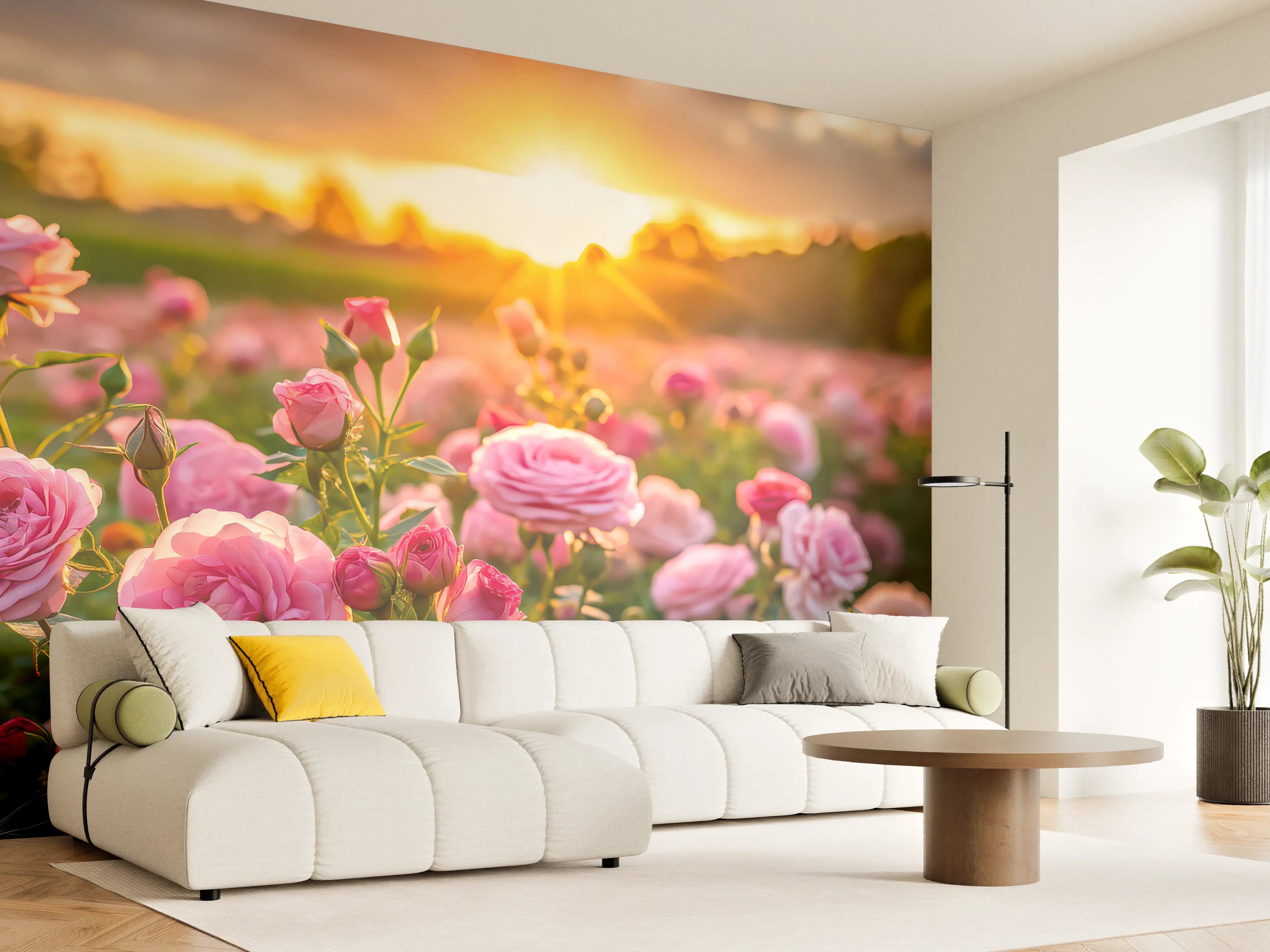 Wandverkleidung Wohnzimmer - Rosenwiese bei Sonnenuntergang