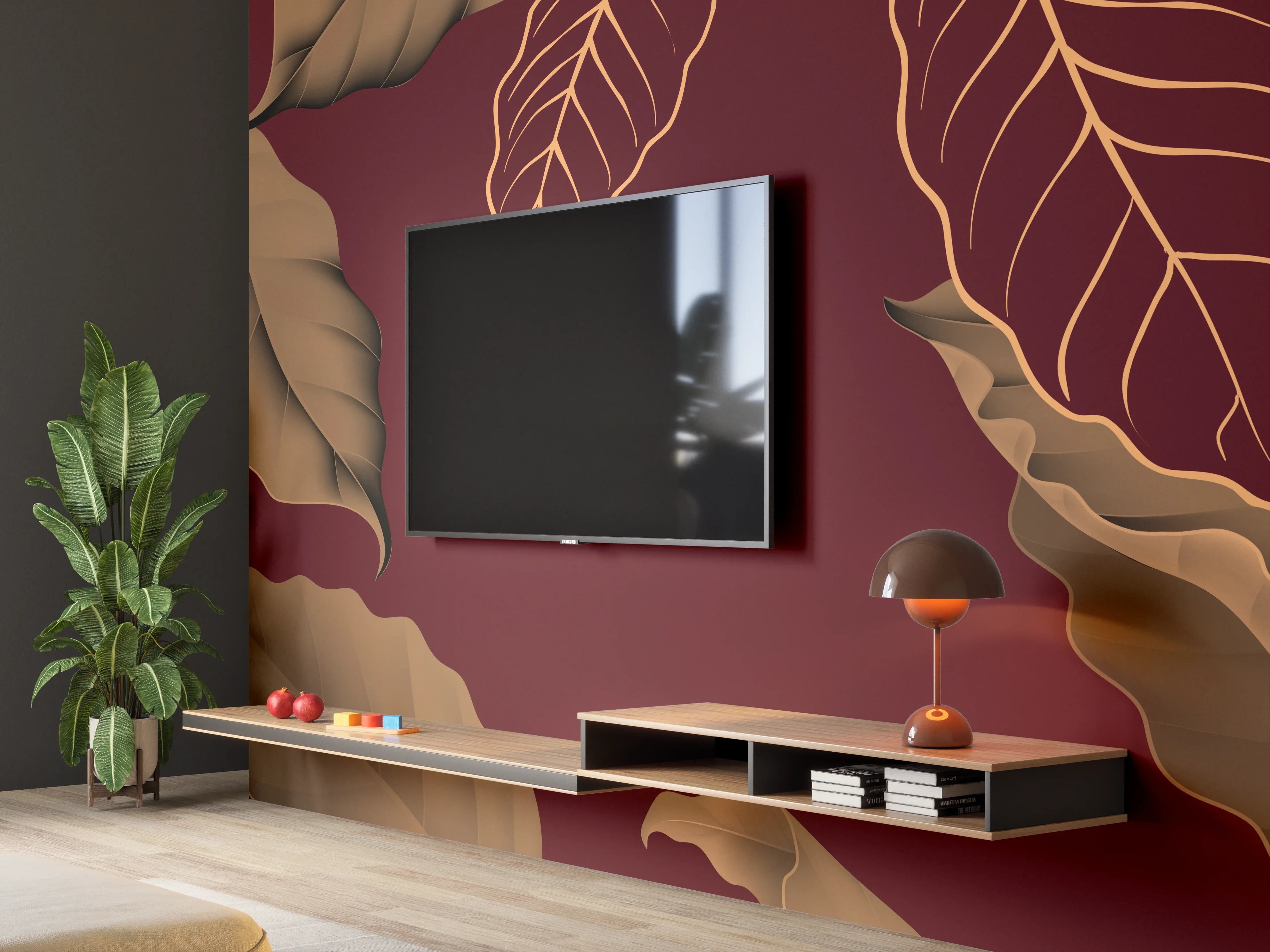 Wandverkleidung Wohnzimmer - Rot-Braune Blätter