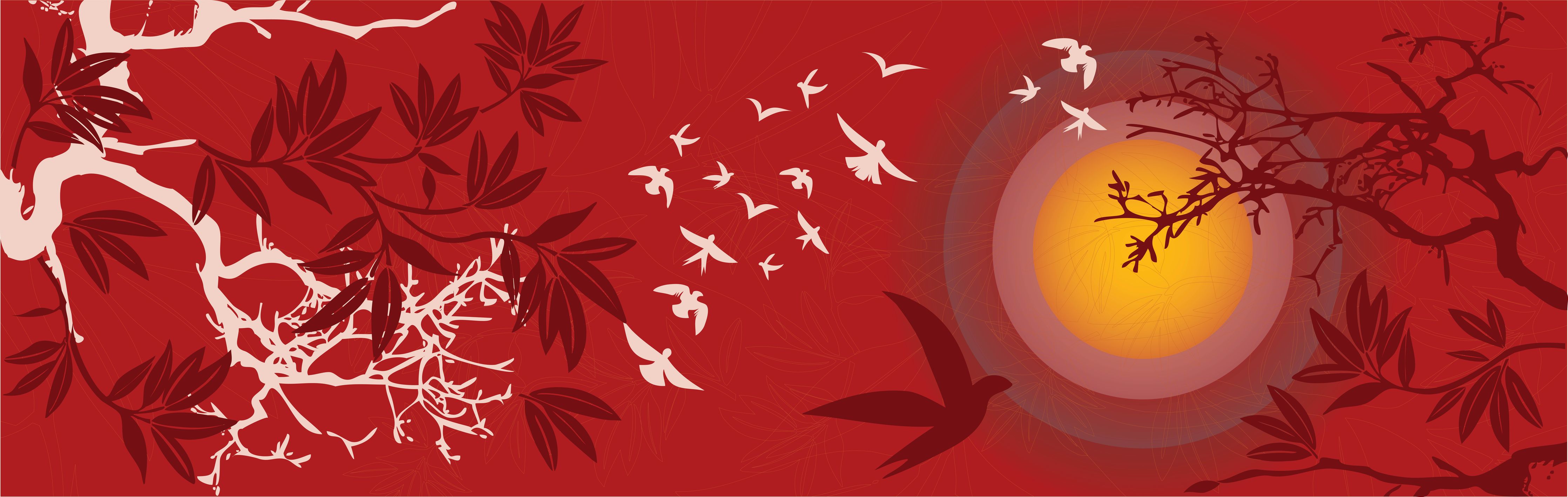 Wandverkleidung Wohnzimmer-Rote Abendstimmung Vögel Silhouetten