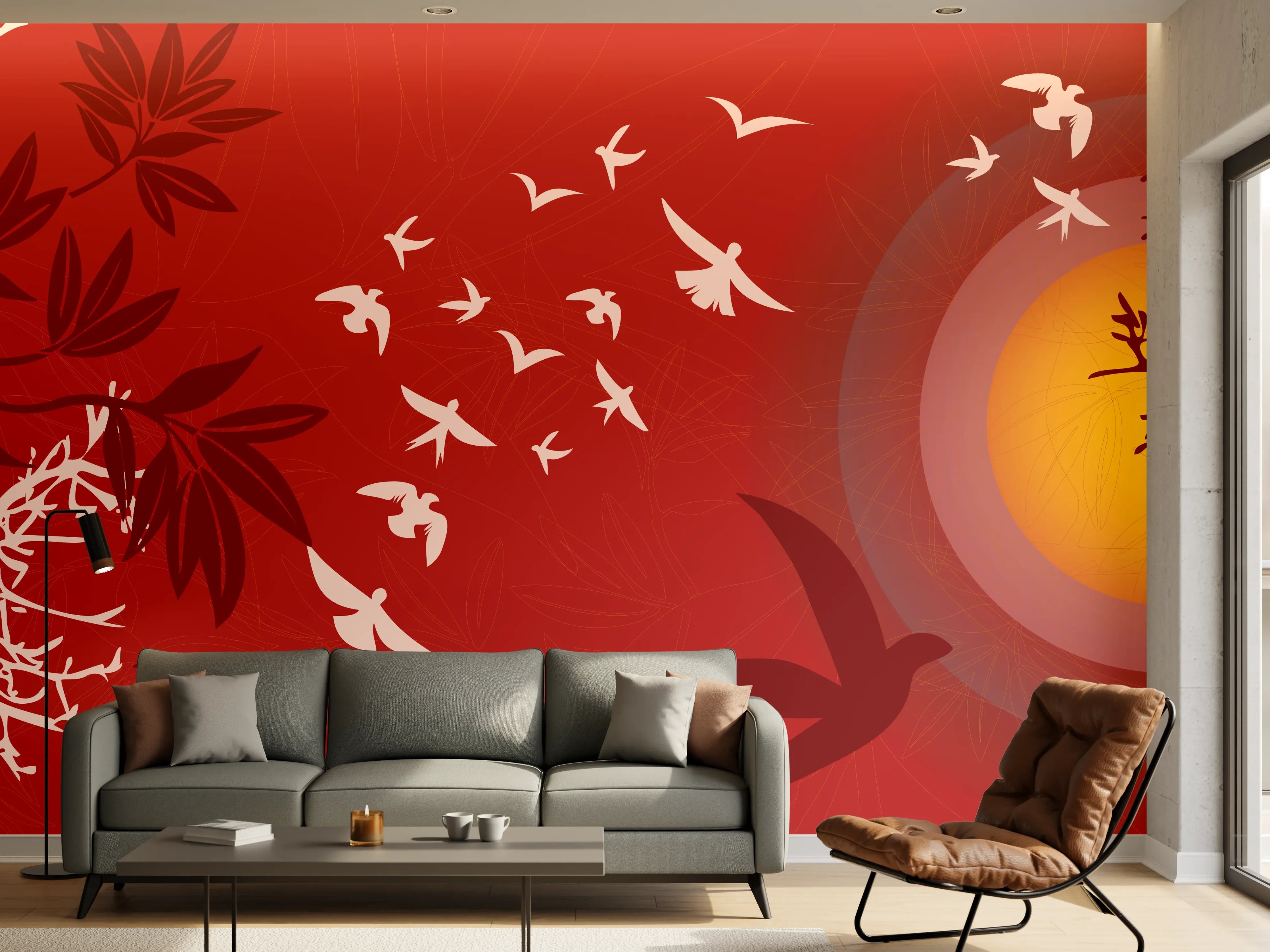 Wandverkleidung Wohnzimmer - Rote Abendstimmung Vögel Silhouetten