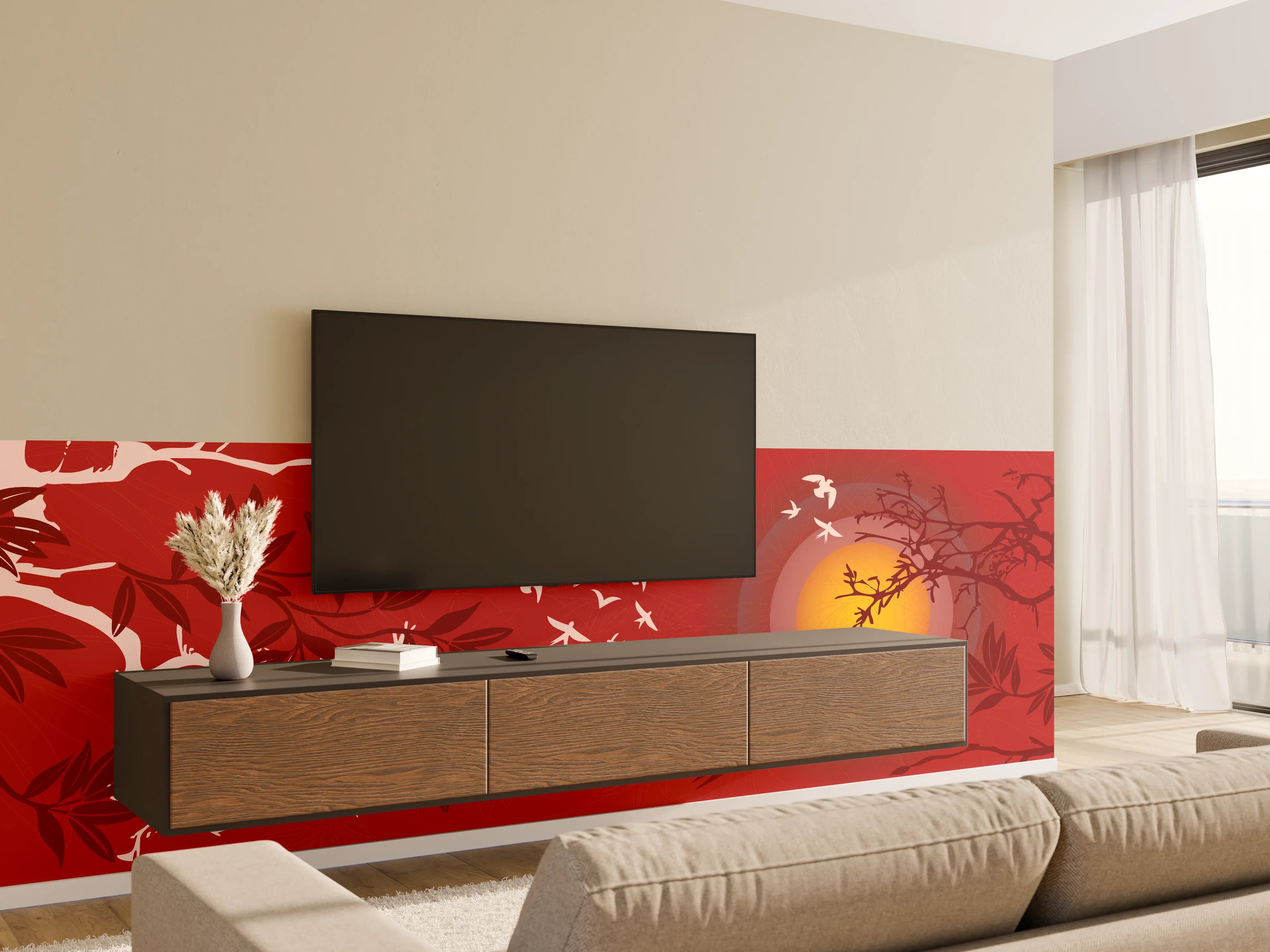 Wandverkleidung Wohnzimmer - Rote Abendstimmung Vögel Silhouetten
