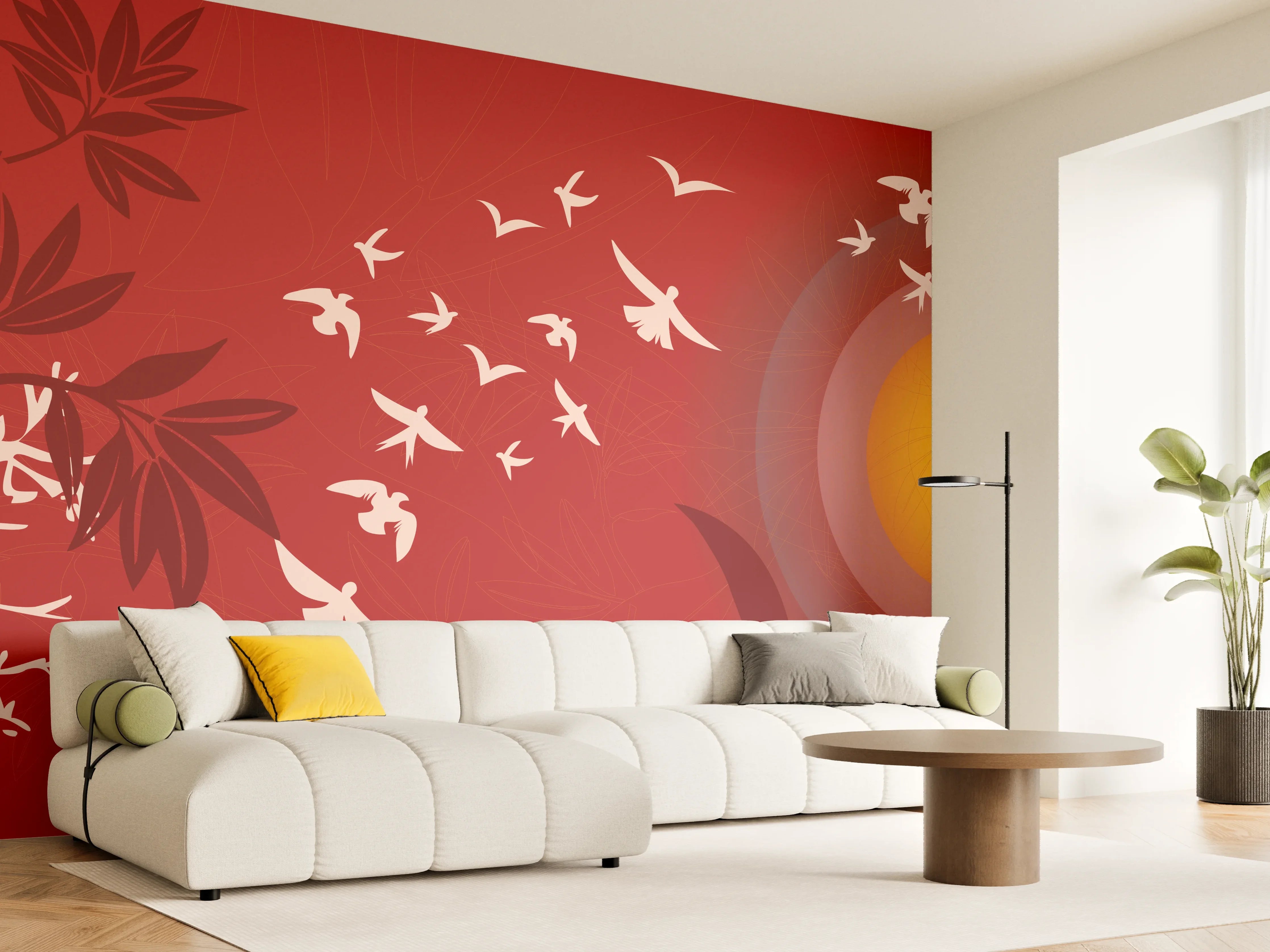 Wandverkleidung Wohnzimmer - Rote Abendstimmung Vögel Silhouetten