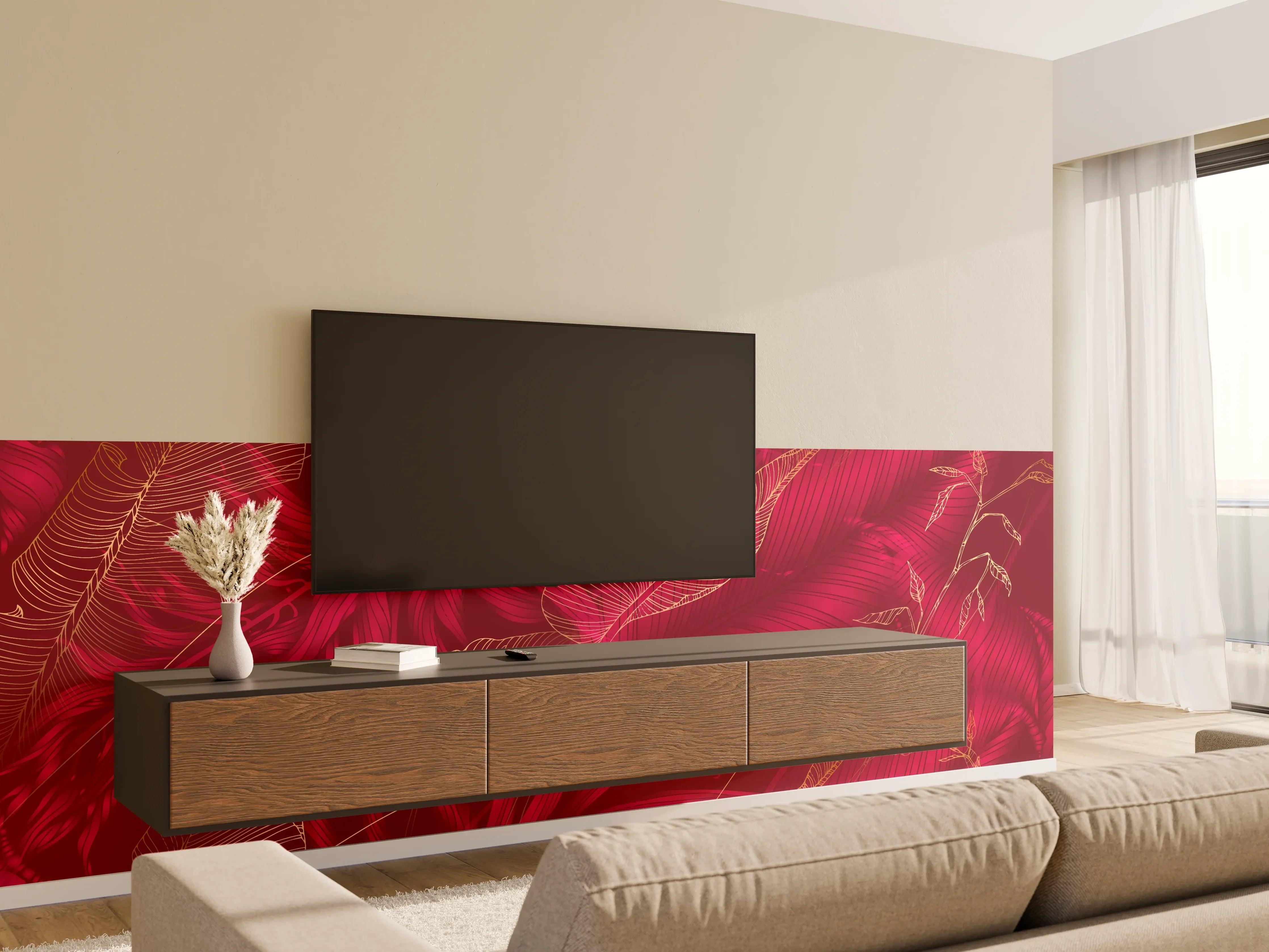 Wandverkleidung Wohnzimmer - Rote Florale Muster Textur
