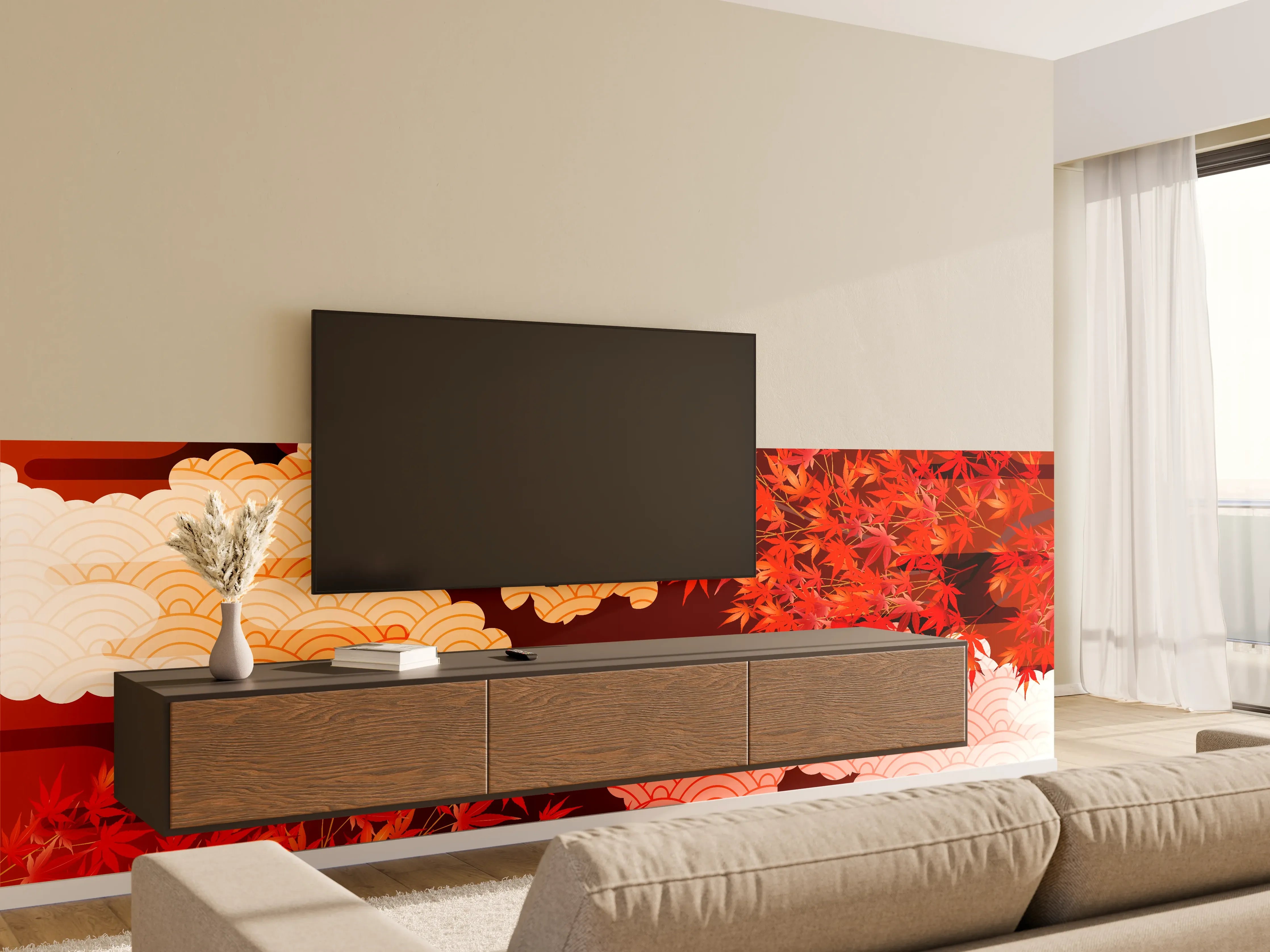 Wandverkleidung Wohnzimmer - Rote Herbstlaub-Szene