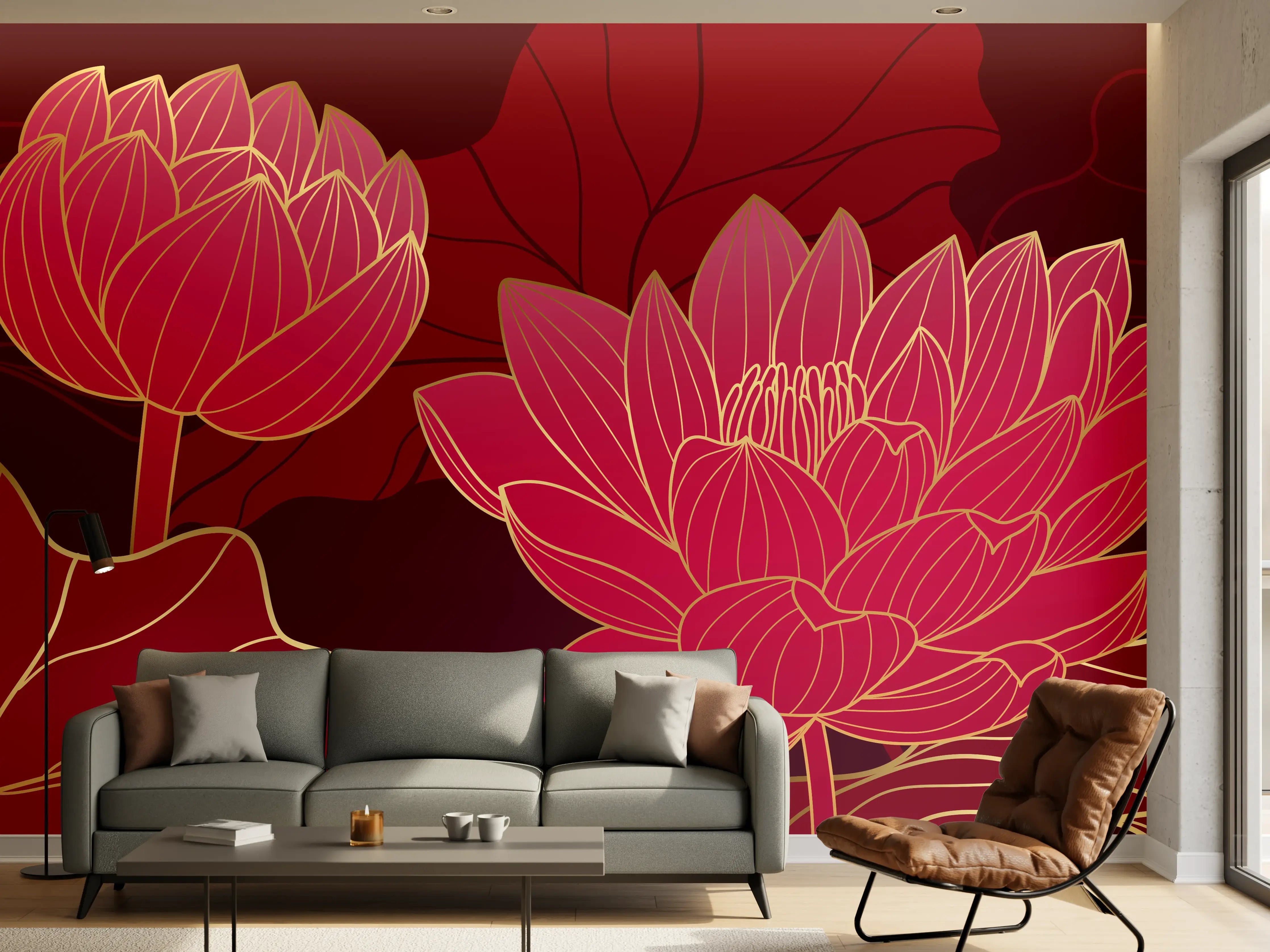 Wandverkleidung Wohnzimmer - Rote Lotusblüten Lineart Design