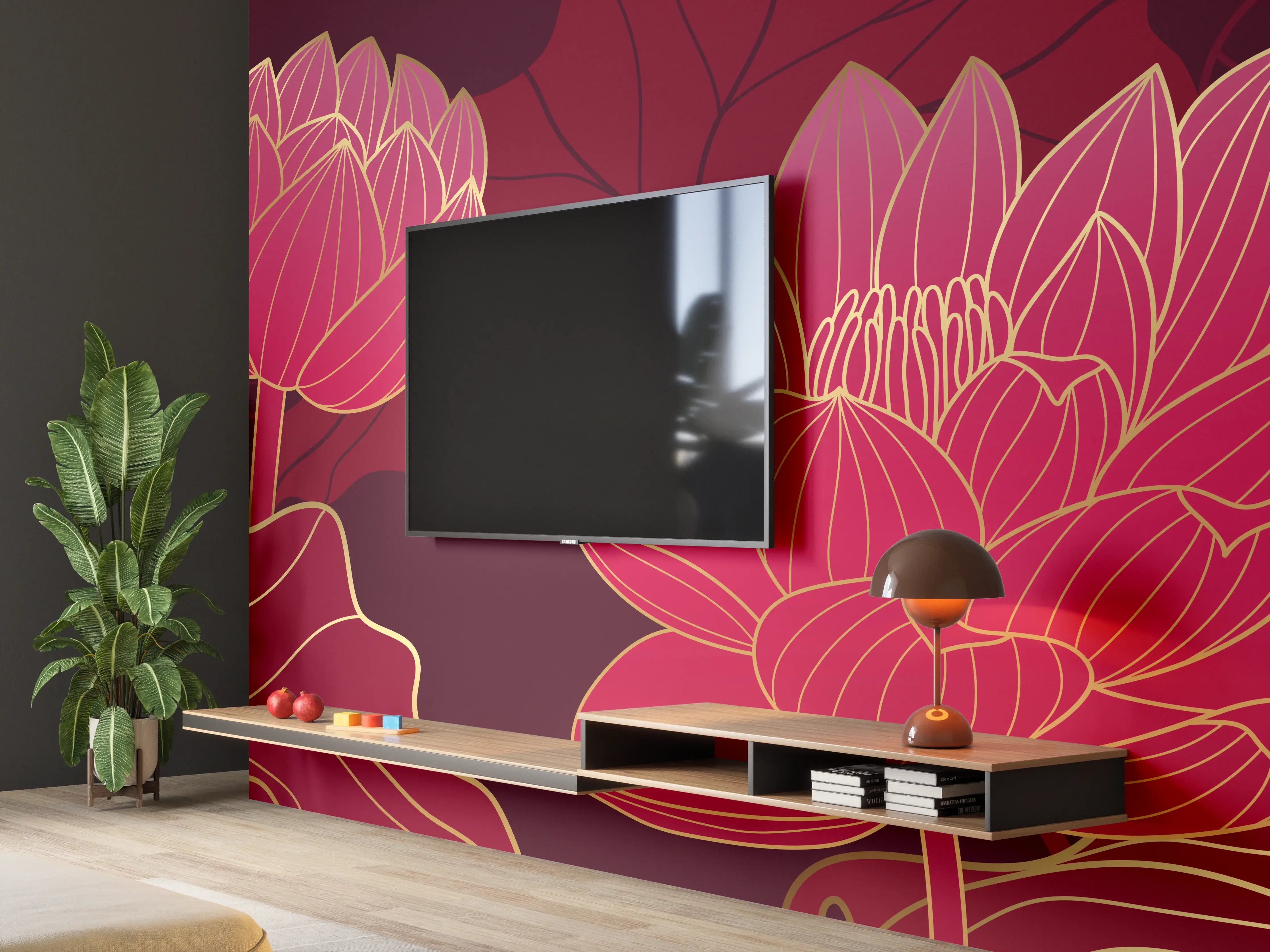 Wandverkleidung Wohnzimmer - Rote Lotusblüten Lineart Design