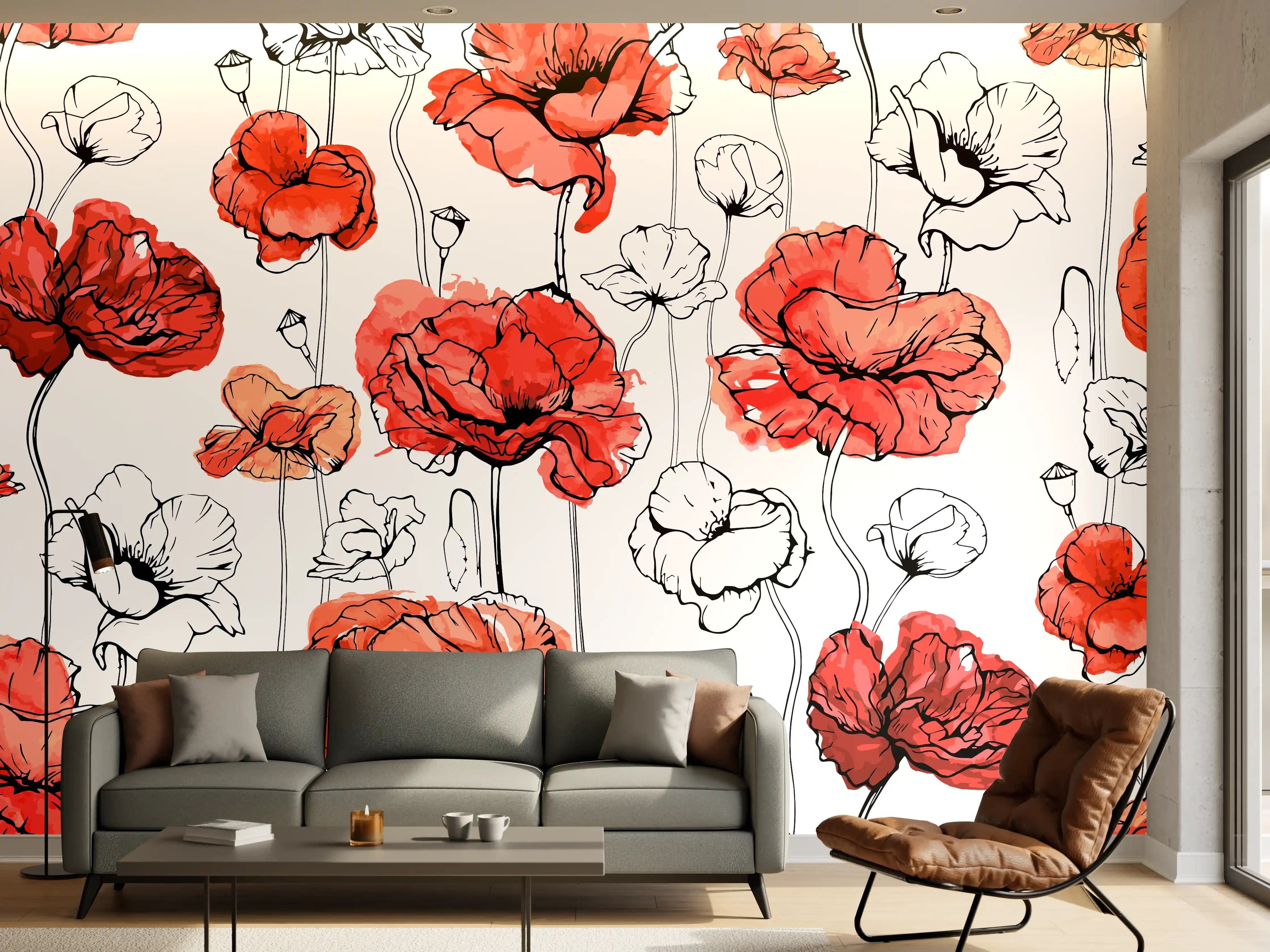 Wandverkleidung Wohnzimmer - Rote Mohnblumen Lineart Muster
