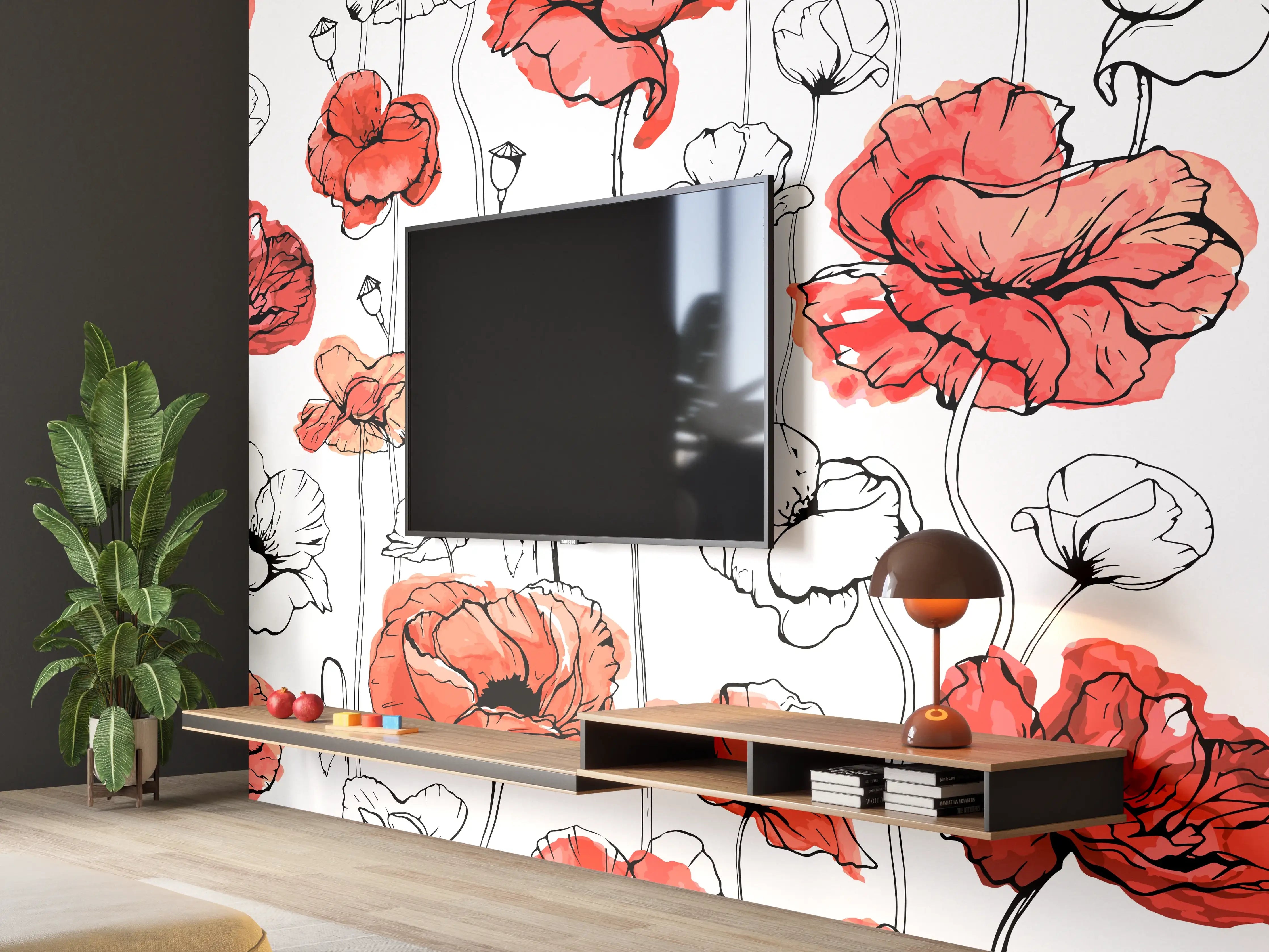 Wandverkleidung Wohnzimmer - Rote Mohnblumen Lineart Muster