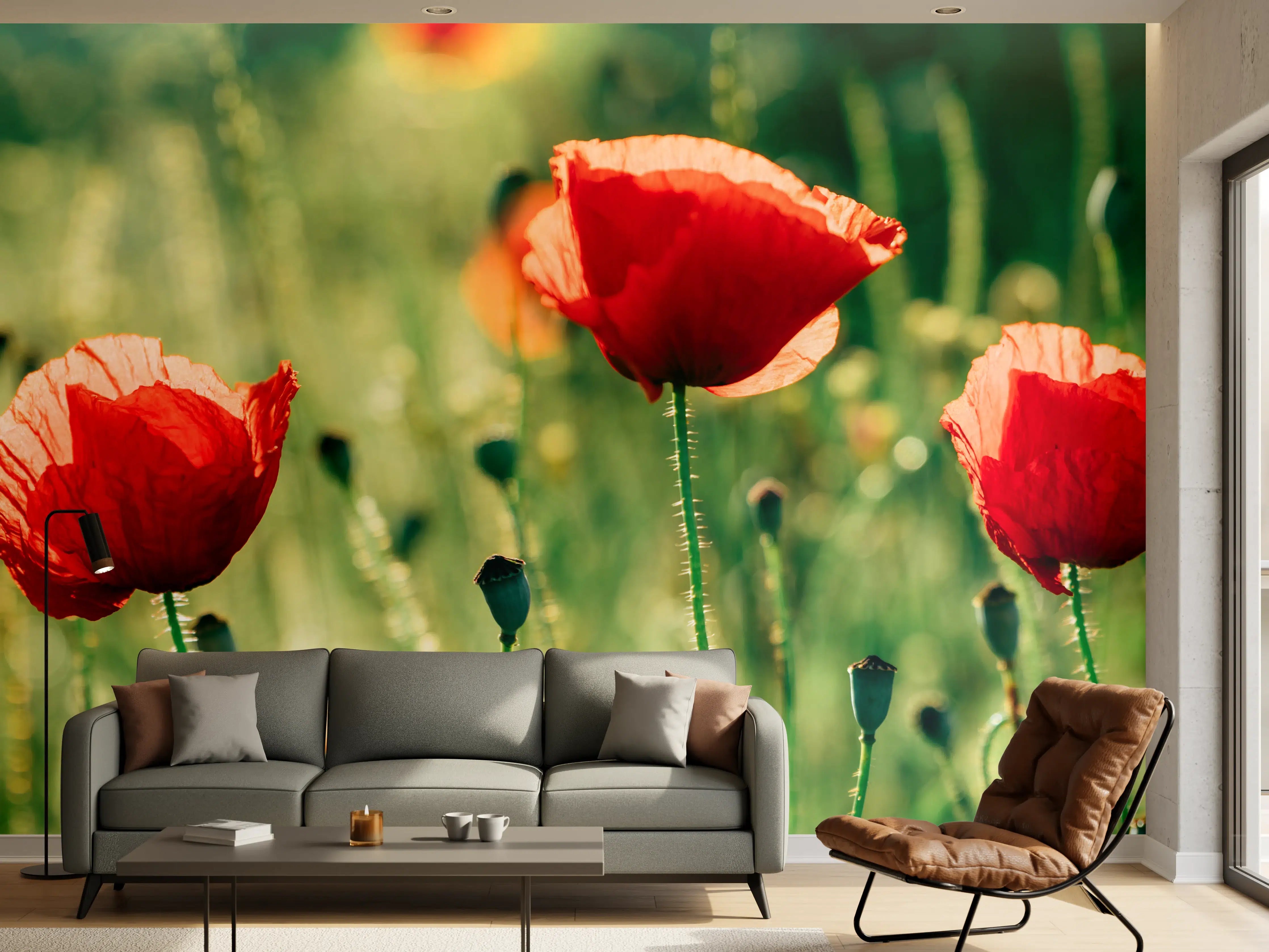 Wandverkleidung Wohnzimmer - Rote Mohnblumen Sommerwiese