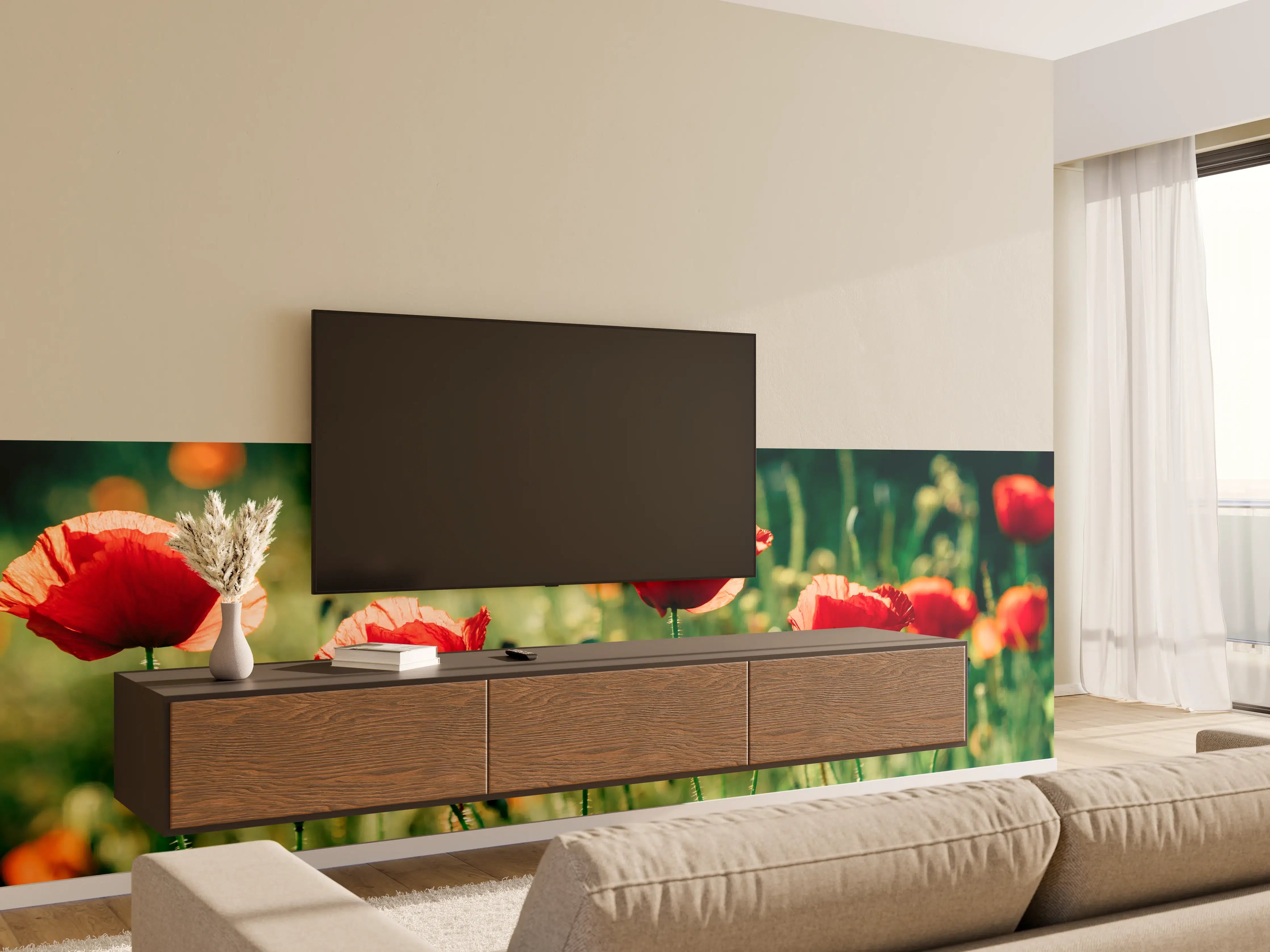 Wandverkleidung Wohnzimmer - Rote Mohnblumen Sommerwiese