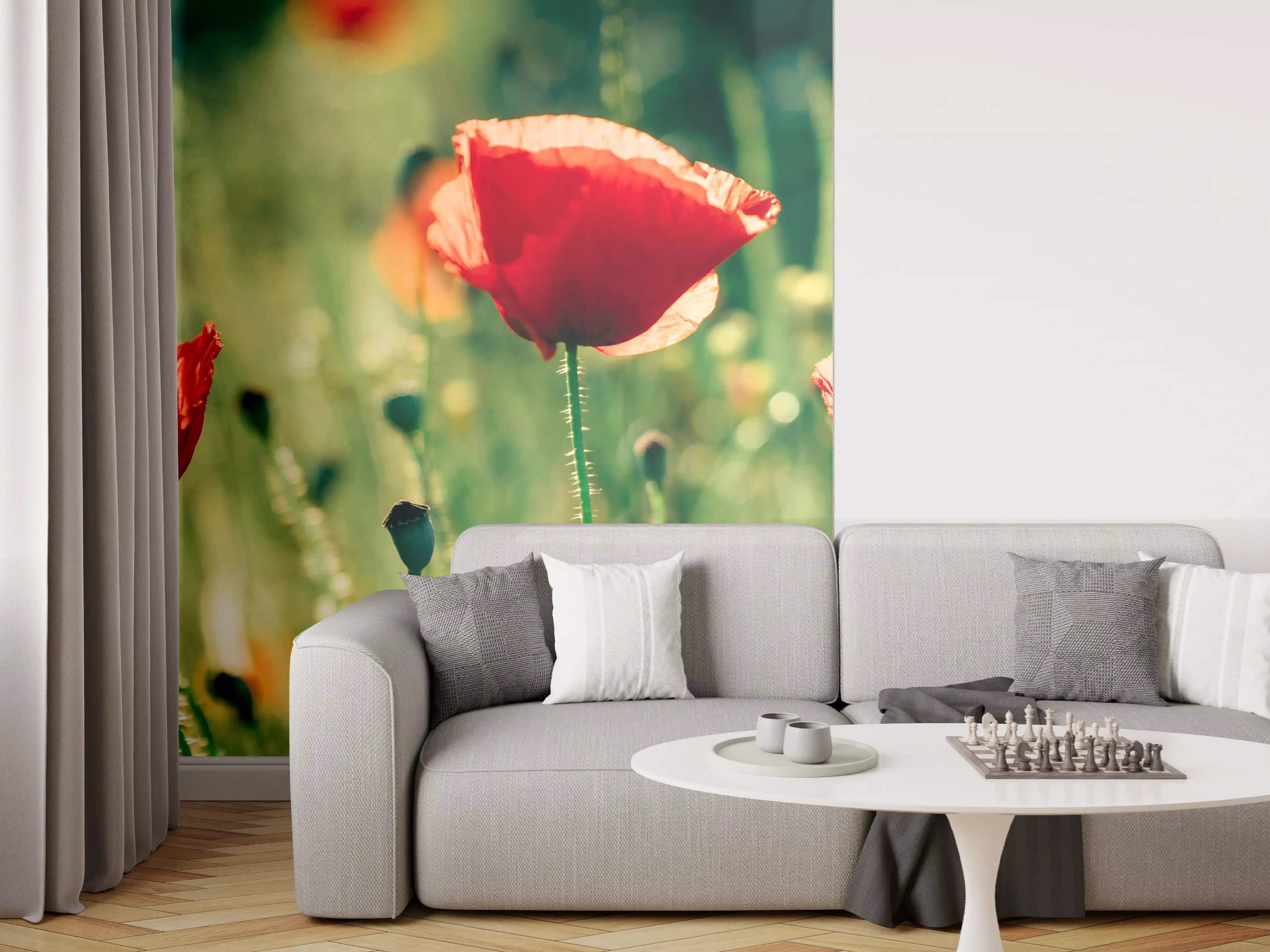Wandverkleidung Wohnzimmer - Rote Mohnblumen Sommerwiese