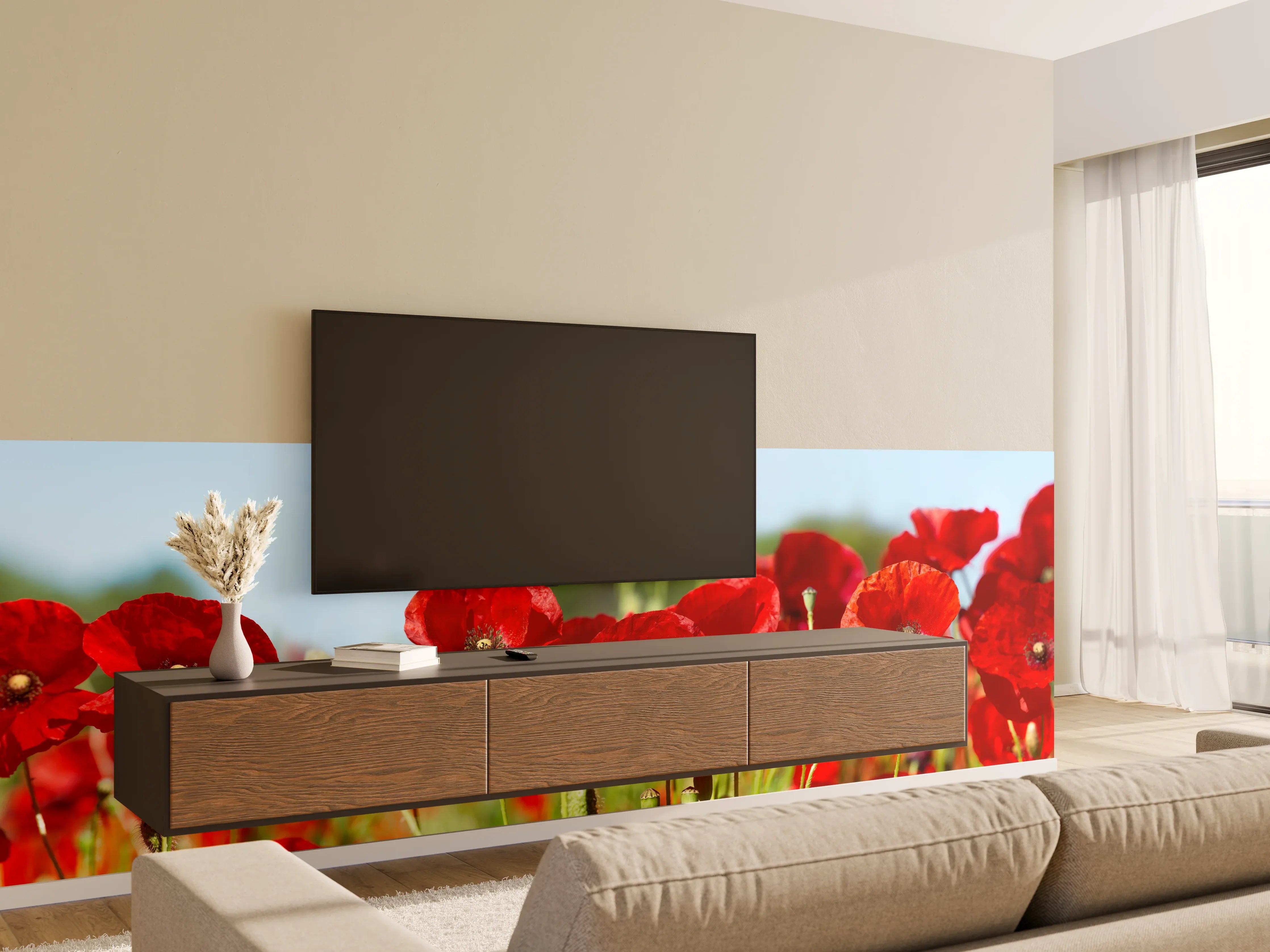 Wandverkleidung Wohnzimmer - Rote Mohnblumen auf einem Feld