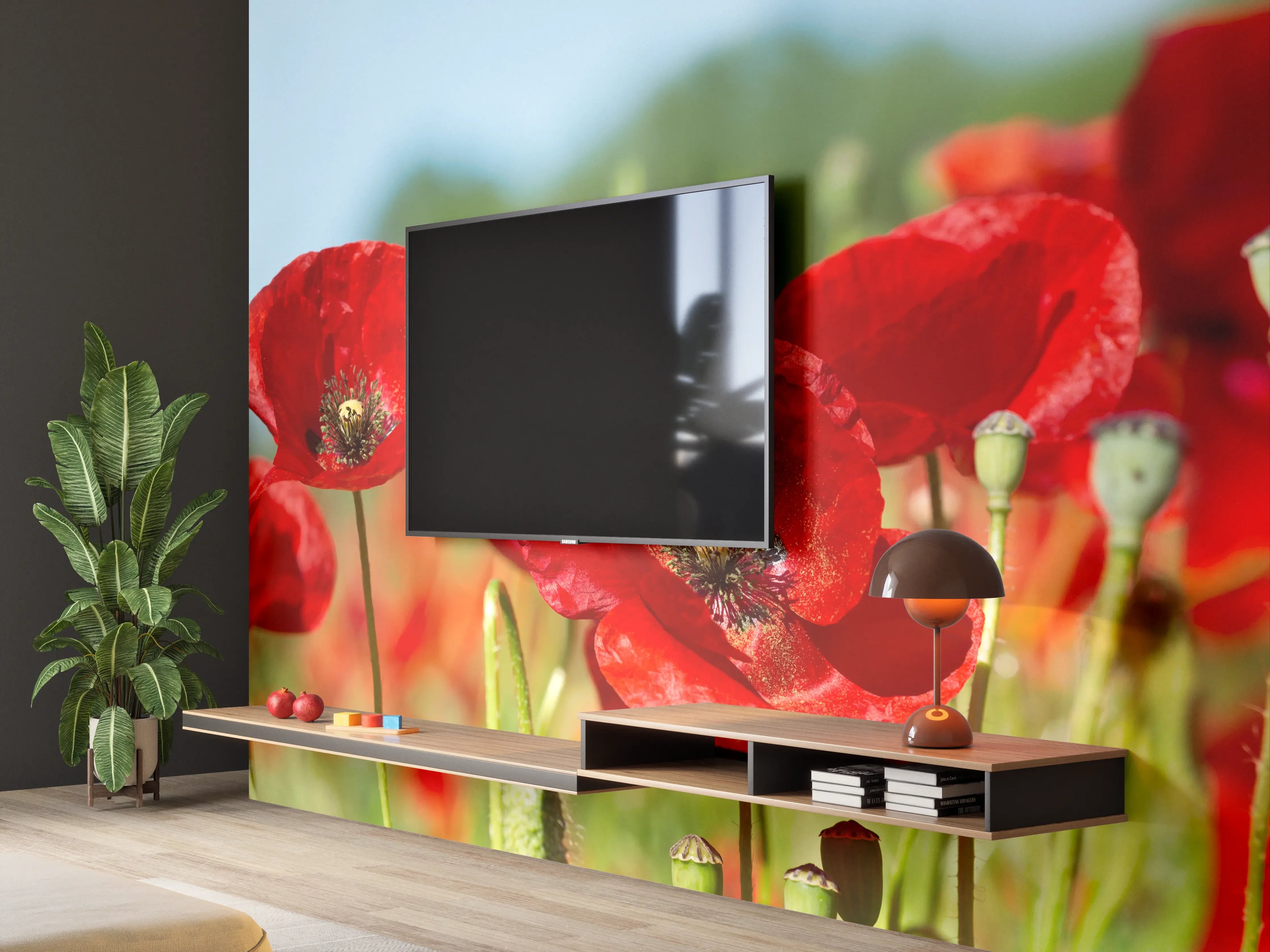 Wandverkleidung Wohnzimmer - Rote Mohnblumen auf einem Feld