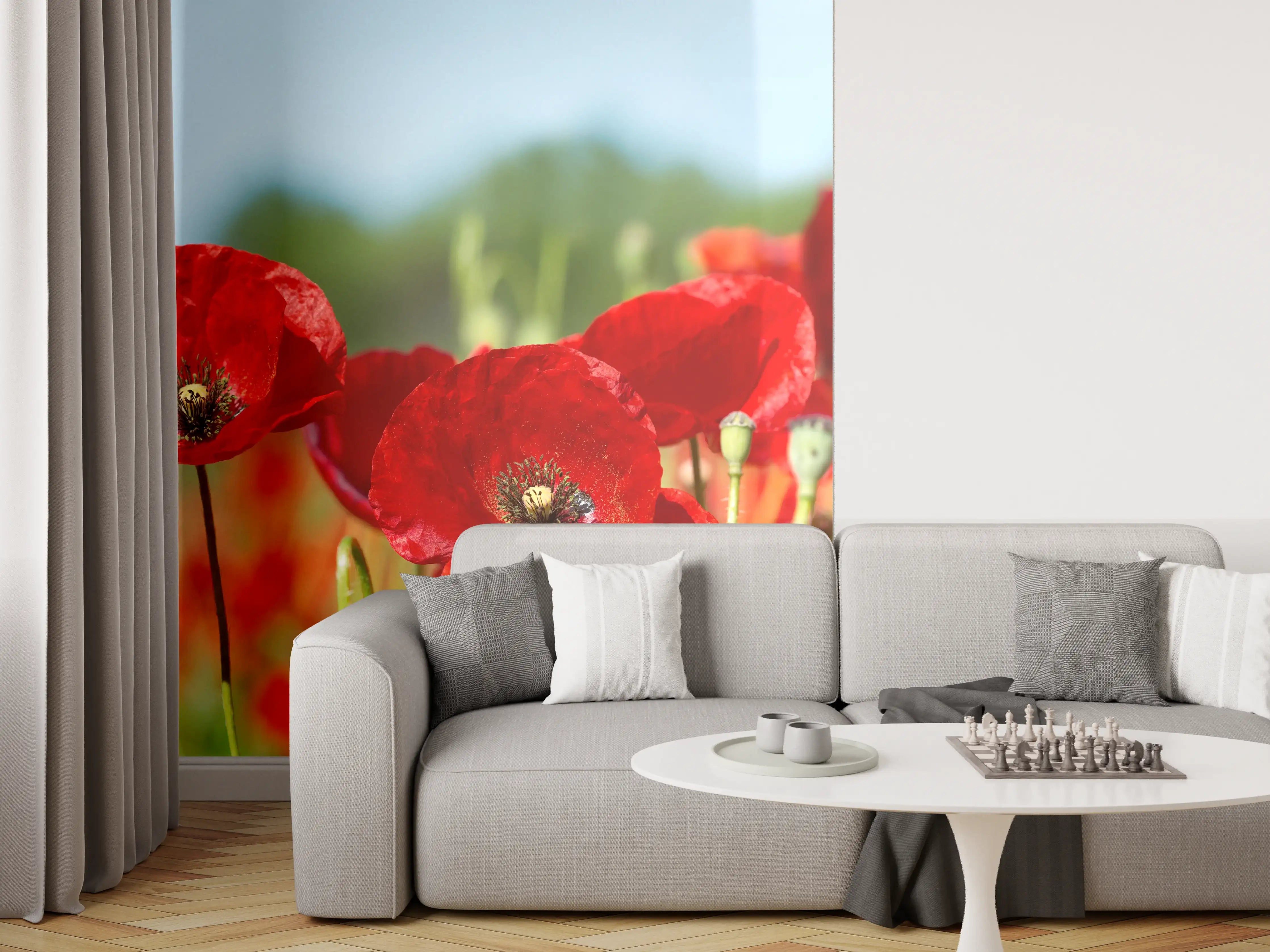 Wandverkleidung Wohnzimmer - Rote Mohnblumen auf einem Feld