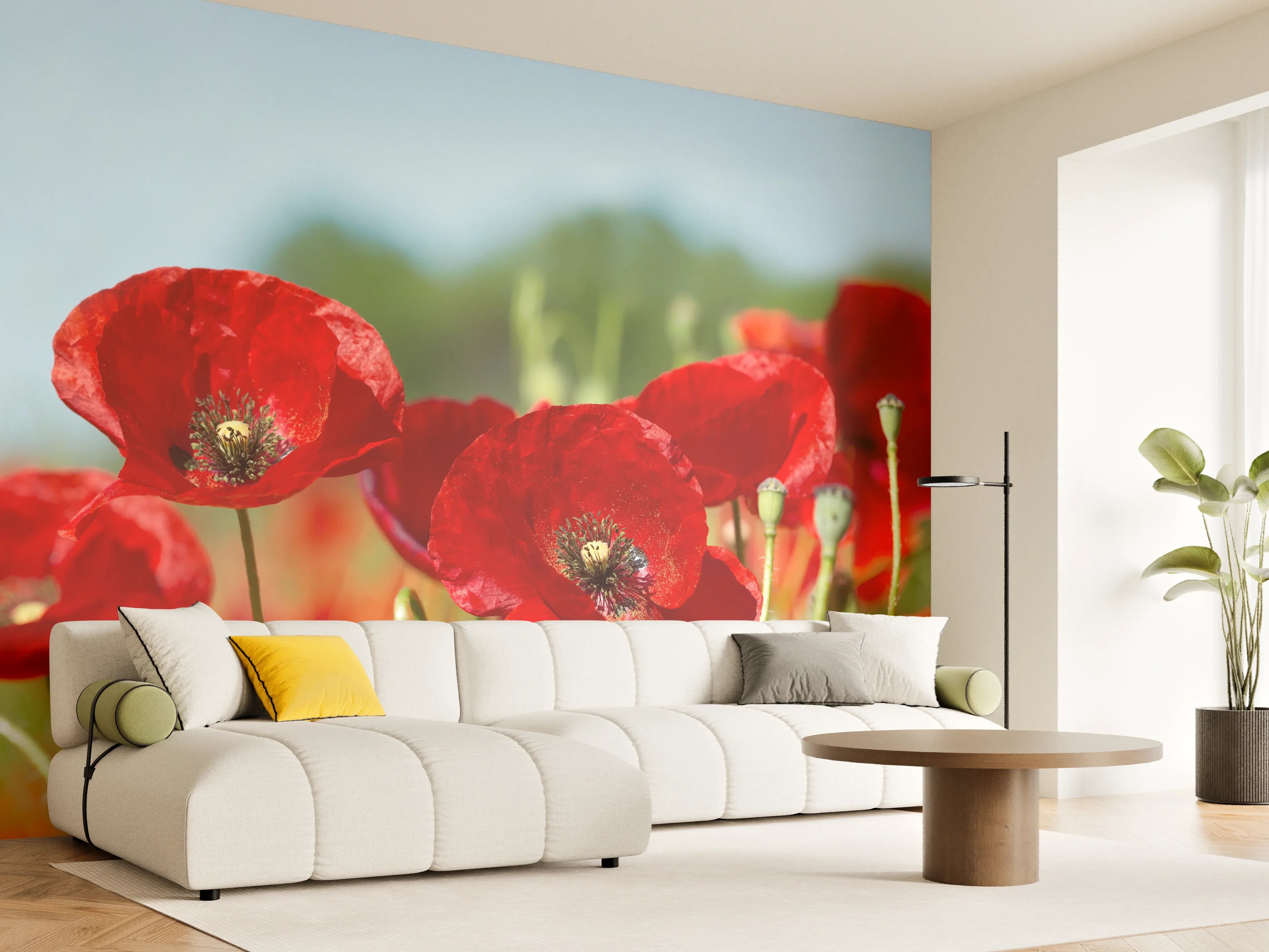 Wandverkleidung Wohnzimmer - Rote Mohnblumen auf einem Feld