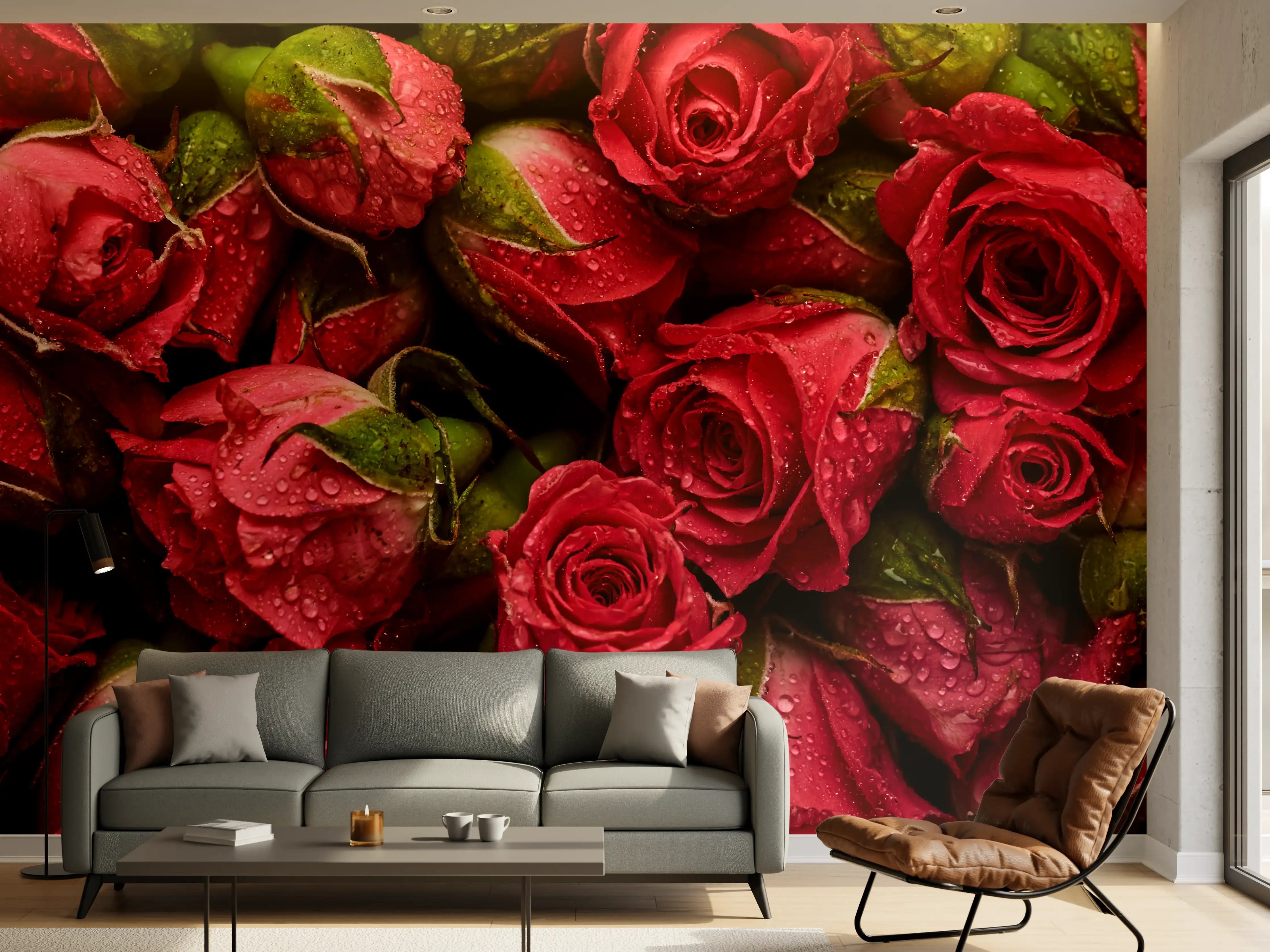 Wandverkleidung Wohnzimmer - Rote Rosen mit Wasser tropfen – Perfekt für romantische Dekoration