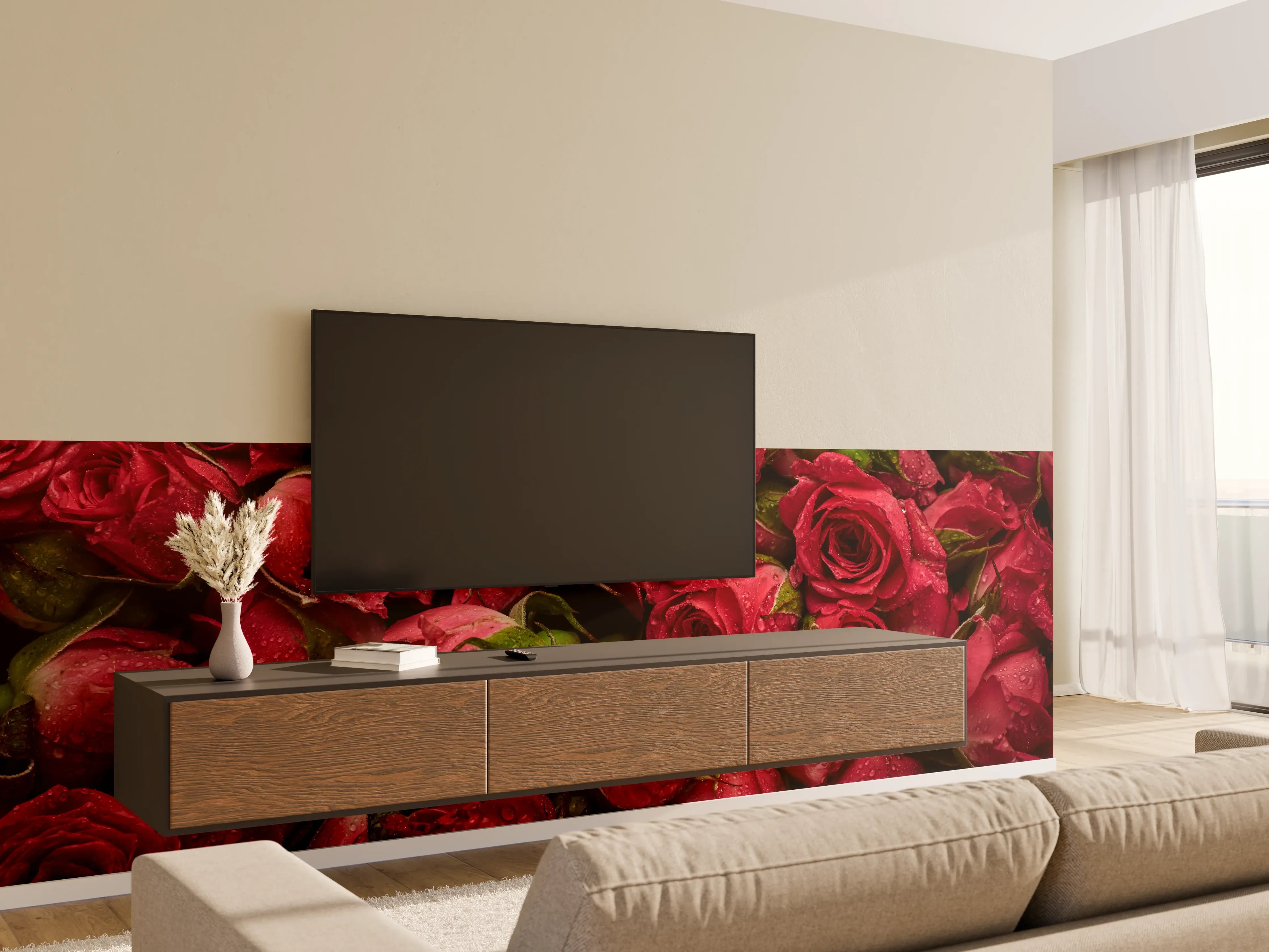 Wandverkleidung Wohnzimmer - Rote Rosen mit Wasser tropfen – Perfekt für romantische Dekoration
