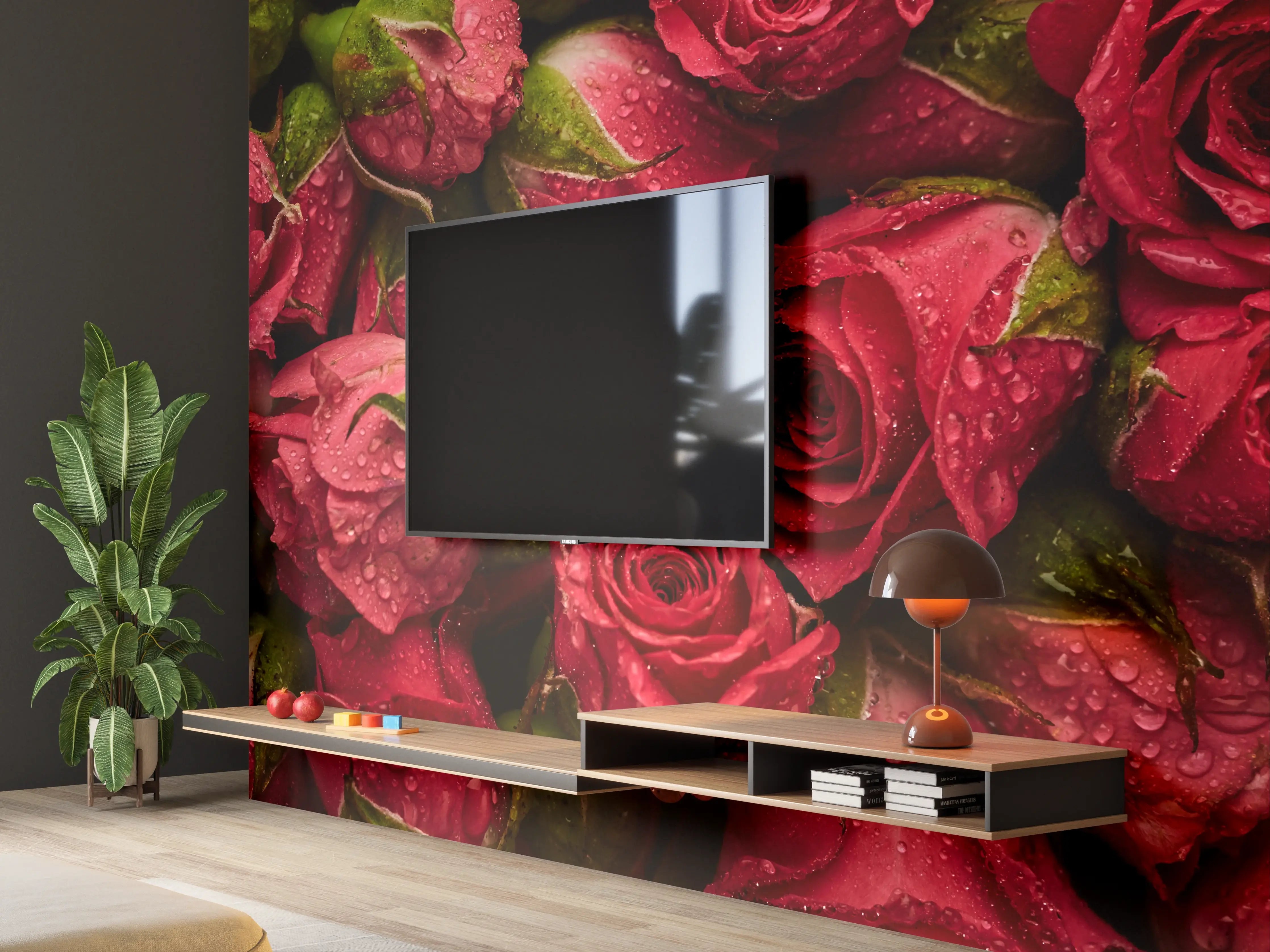 Wandverkleidung Wohnzimmer - Rote Rosen mit Wasser tropfen – Perfekt für romantische Dekoration