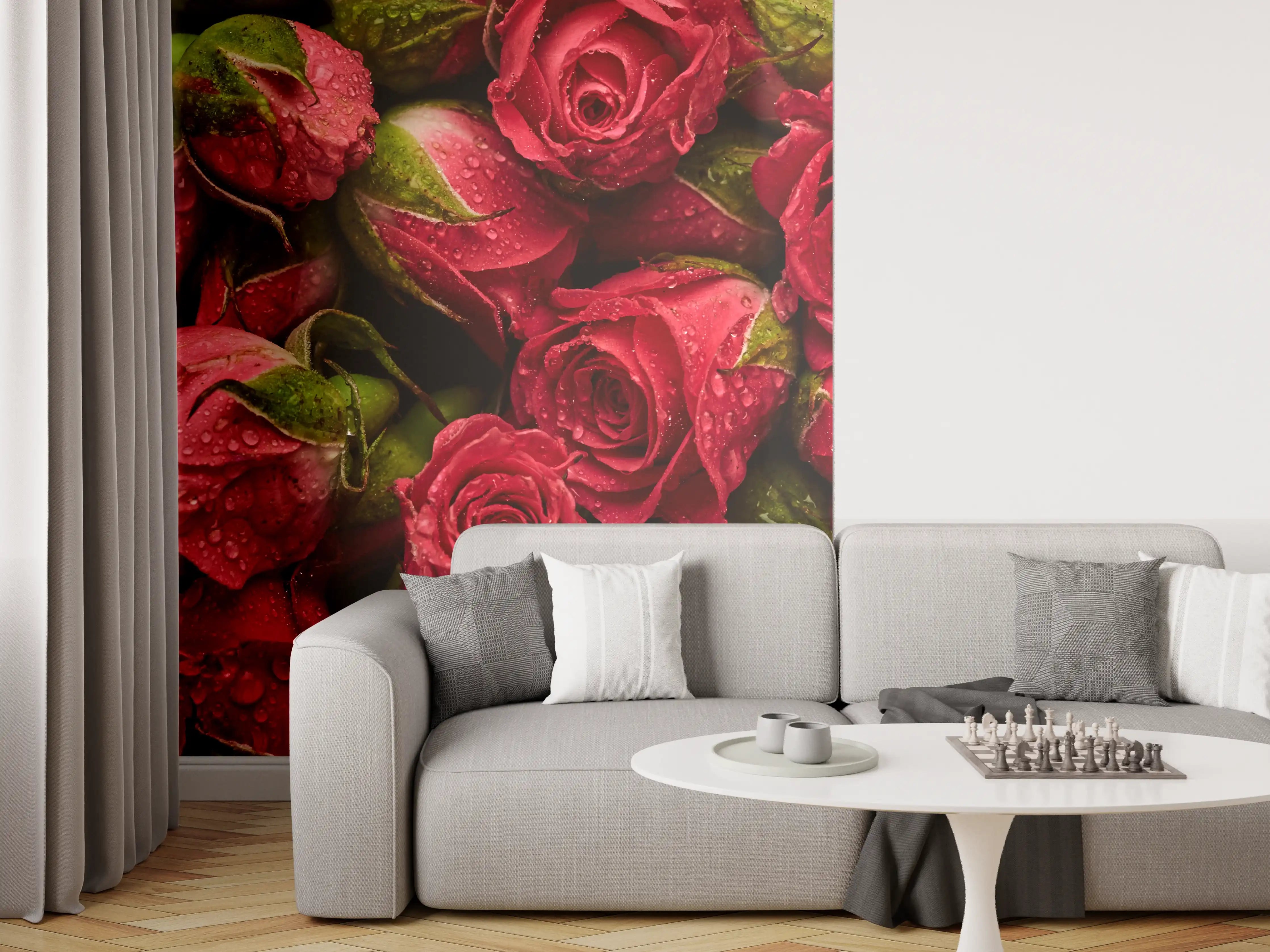 Wandverkleidung Wohnzimmer - Rote Rosen mit Wasser tropfen – Perfekt für romantische Dekoration