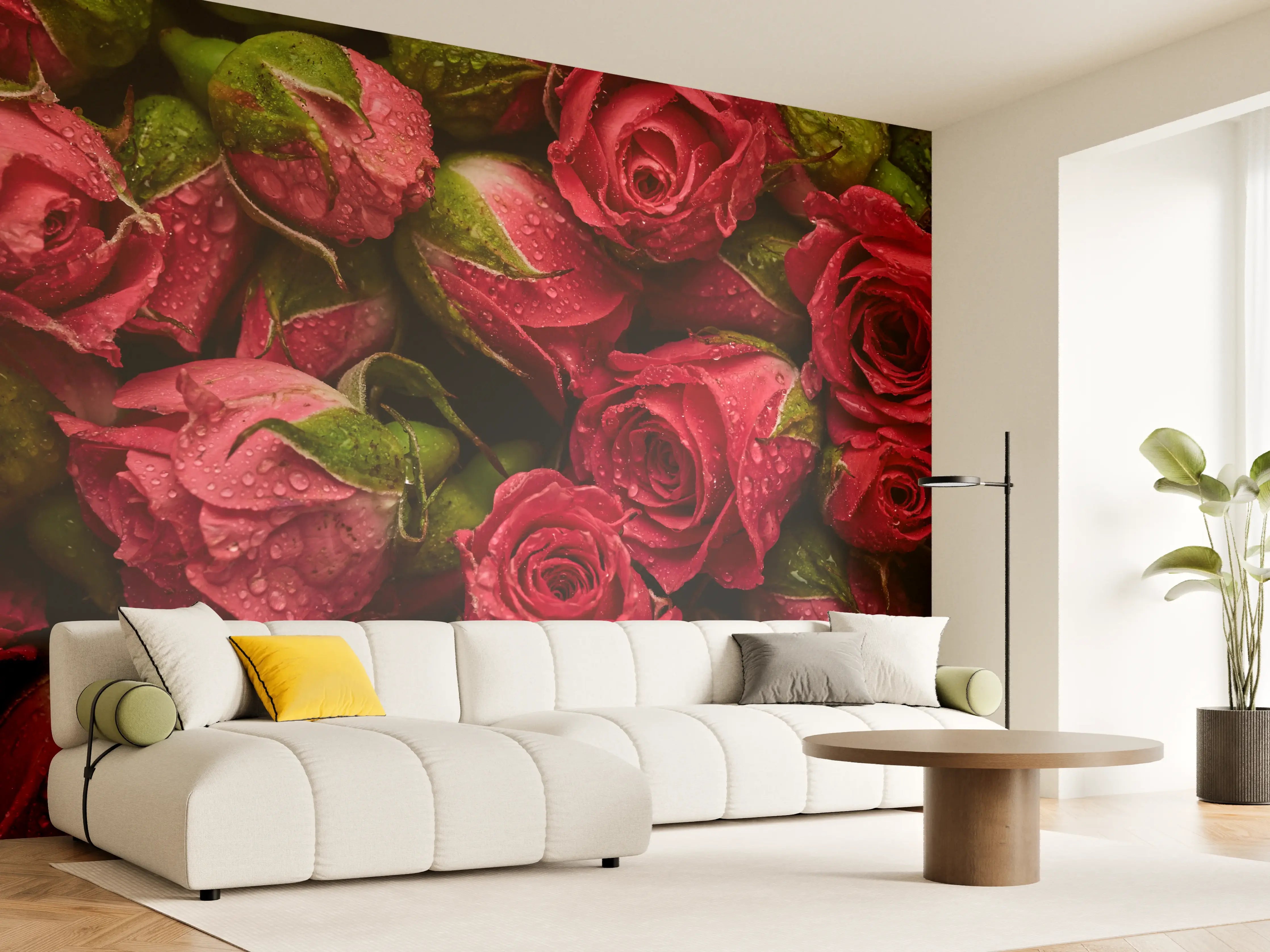 Wandverkleidung Wohnzimmer - Rote Rosen mit Wasser tropfen – Perfekt für romantische Dekoration