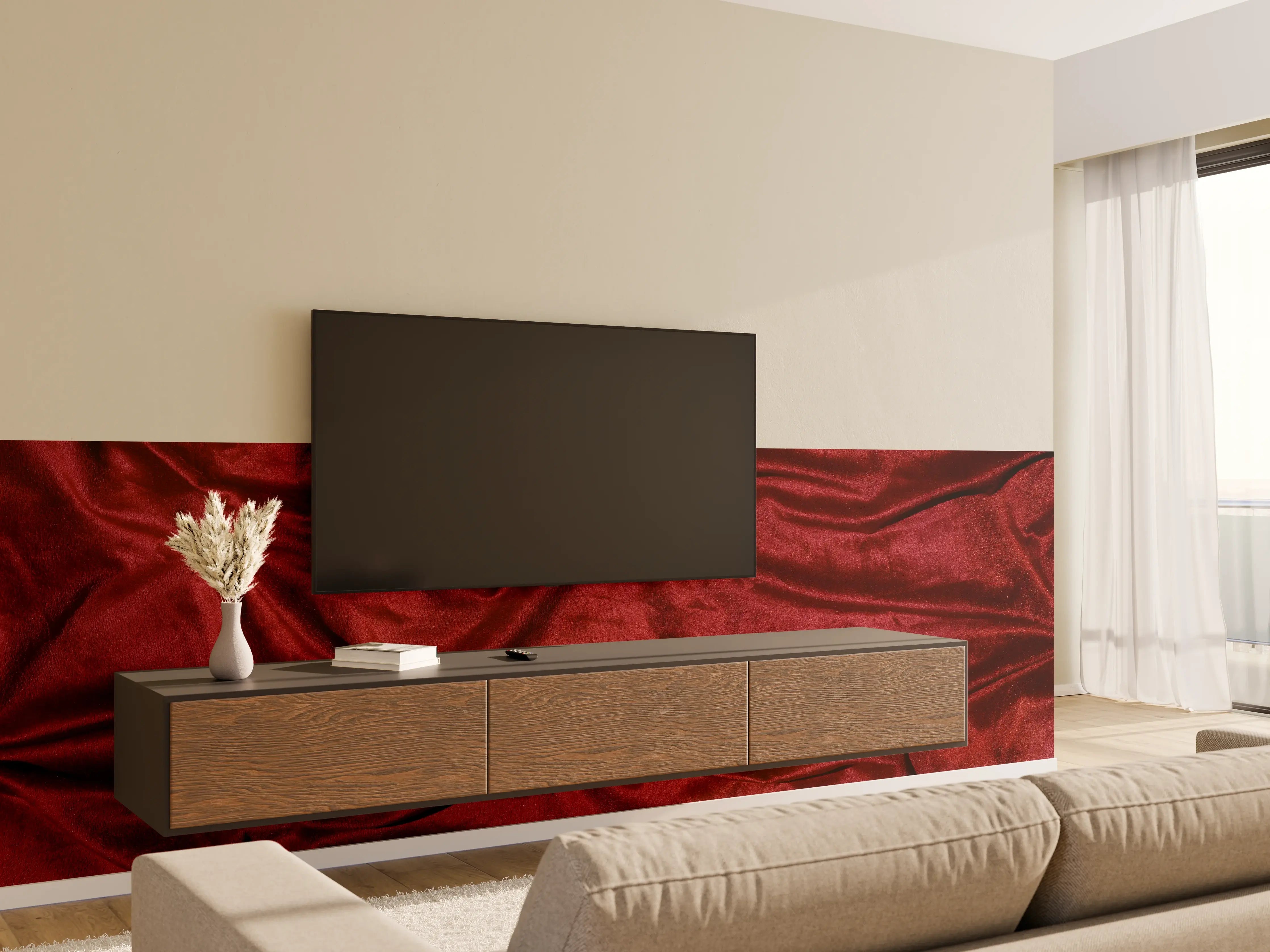 Wandverkleidung Wohnzimmer - Rote Satin Seide