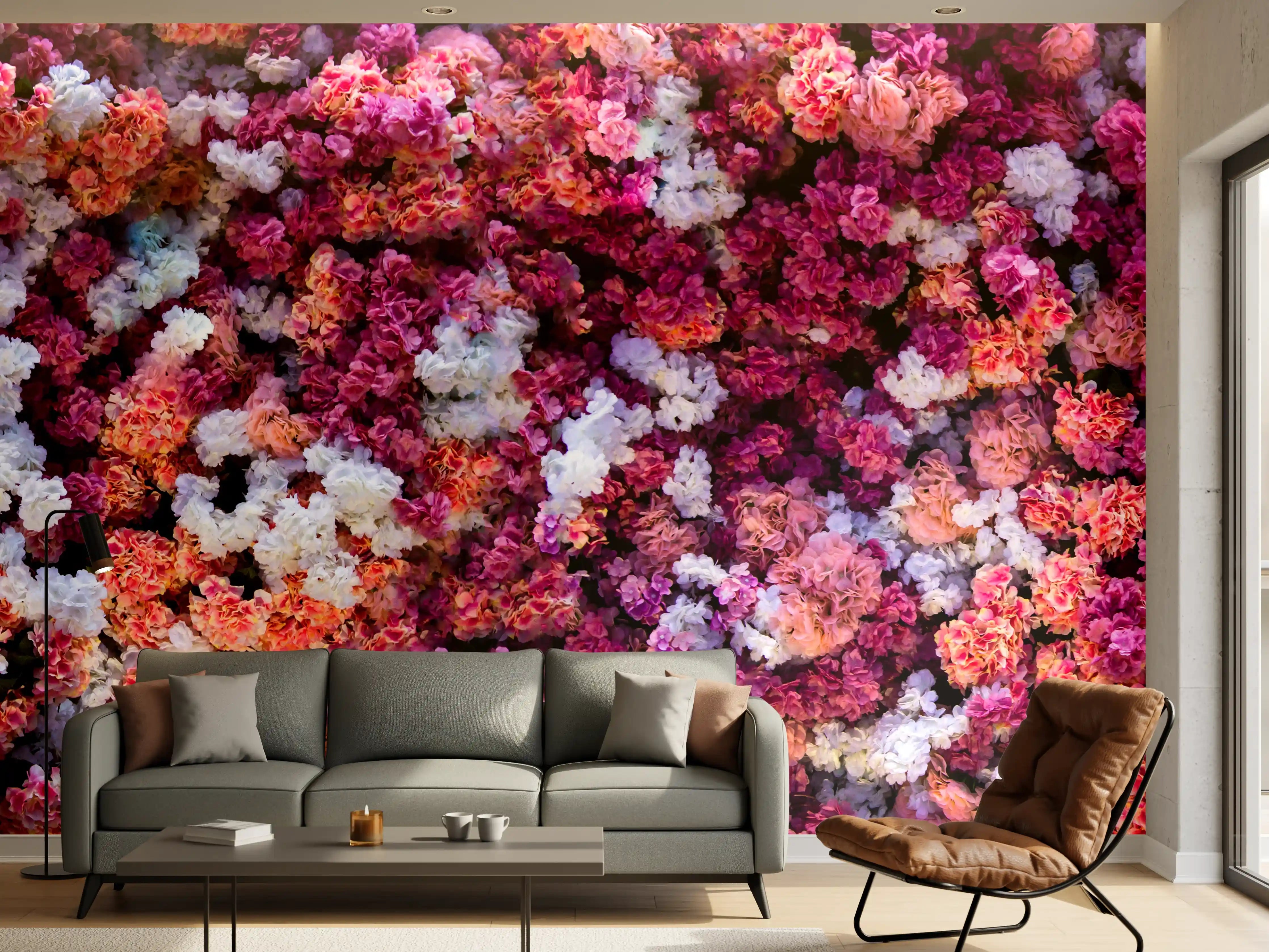 Wandverkleidung Wohnzimmer - Rote-Weiße Blumenwand Natur