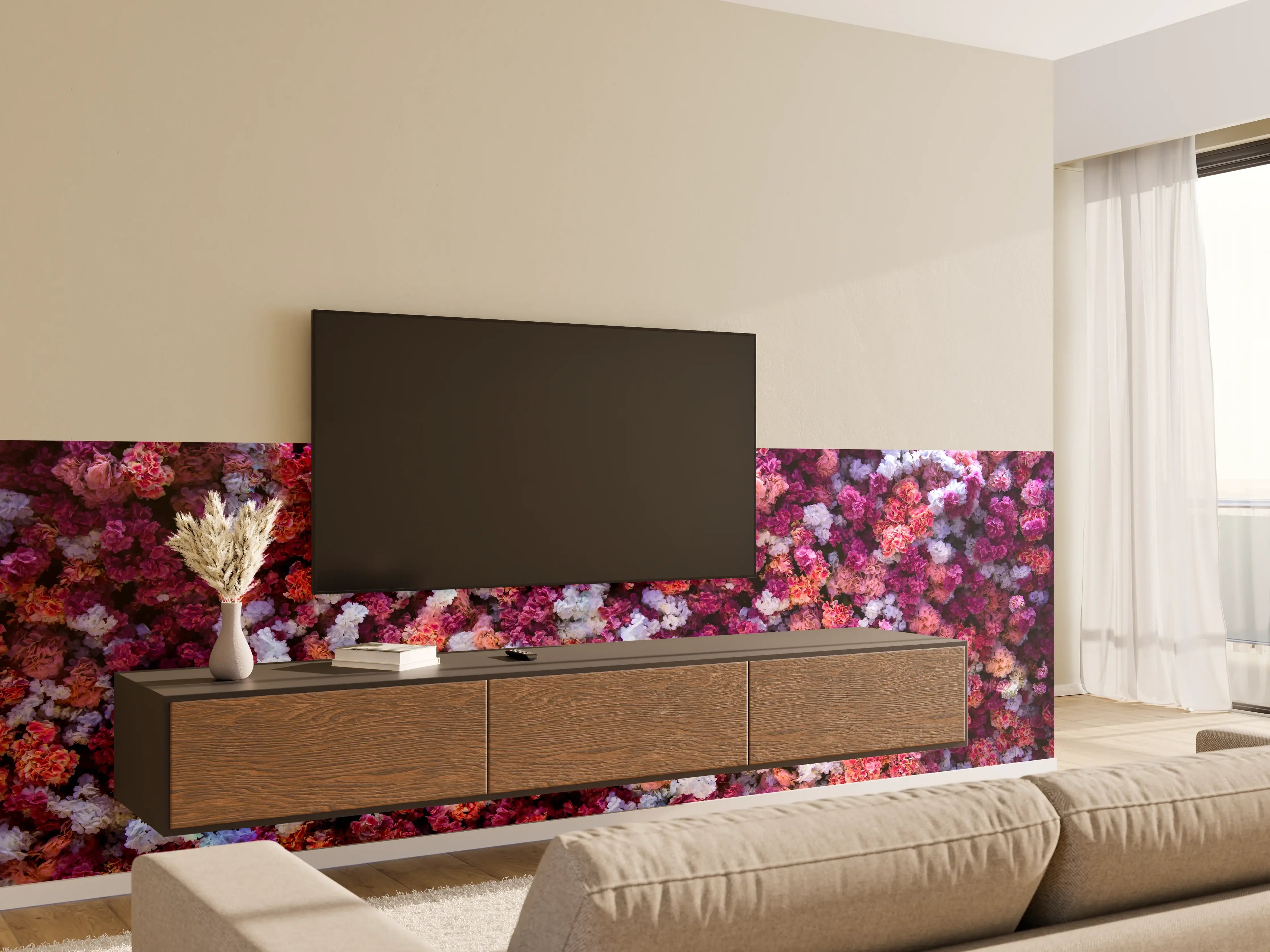 Wandverkleidung Wohnzimmer - Rote-Weiße Blumenwand Natur