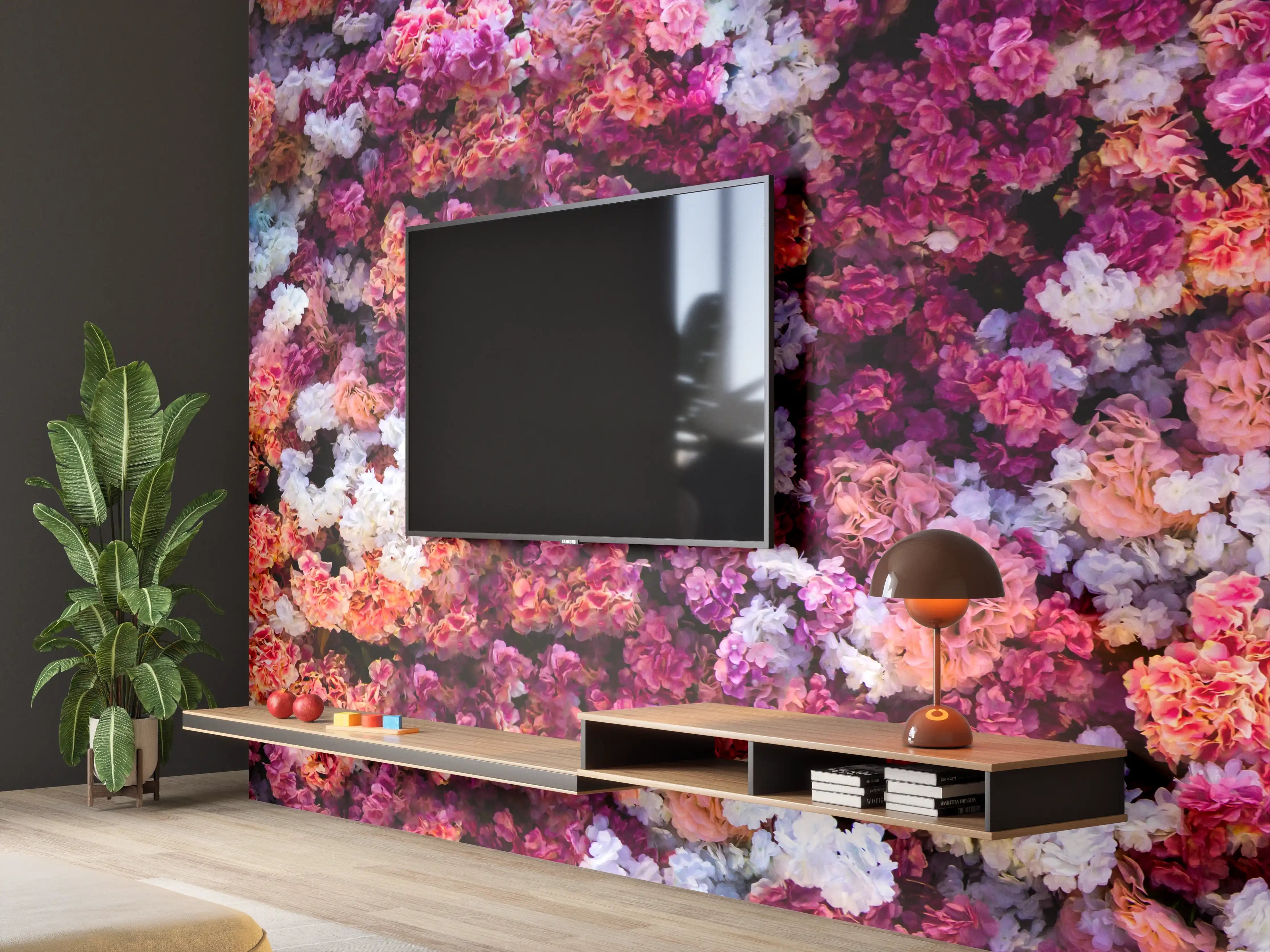 Wandverkleidung Wohnzimmer - Rote-Weiße Blumenwand Natur