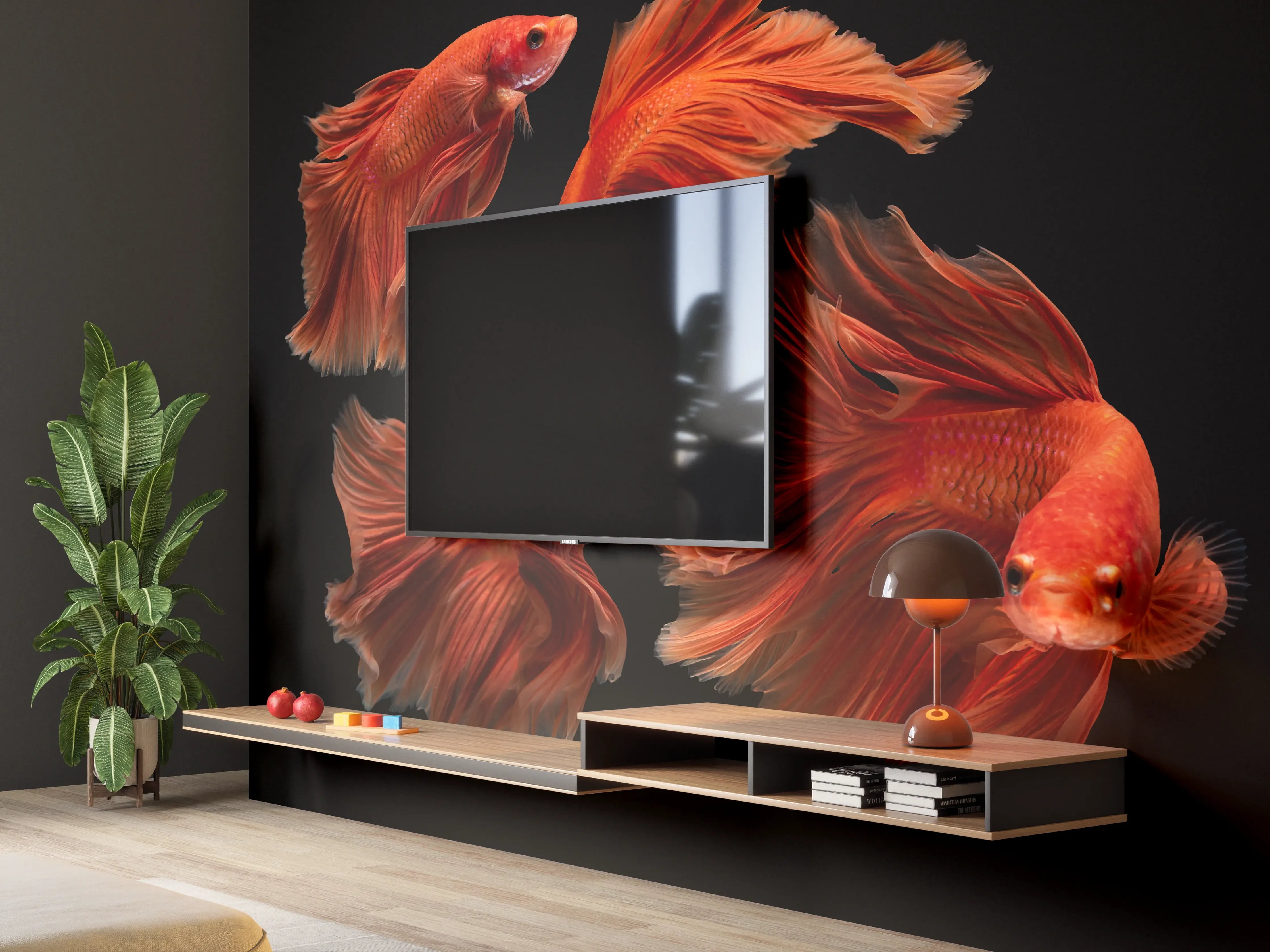 Wandverkleidung Wohnzimmer - Roter Betta Fisch