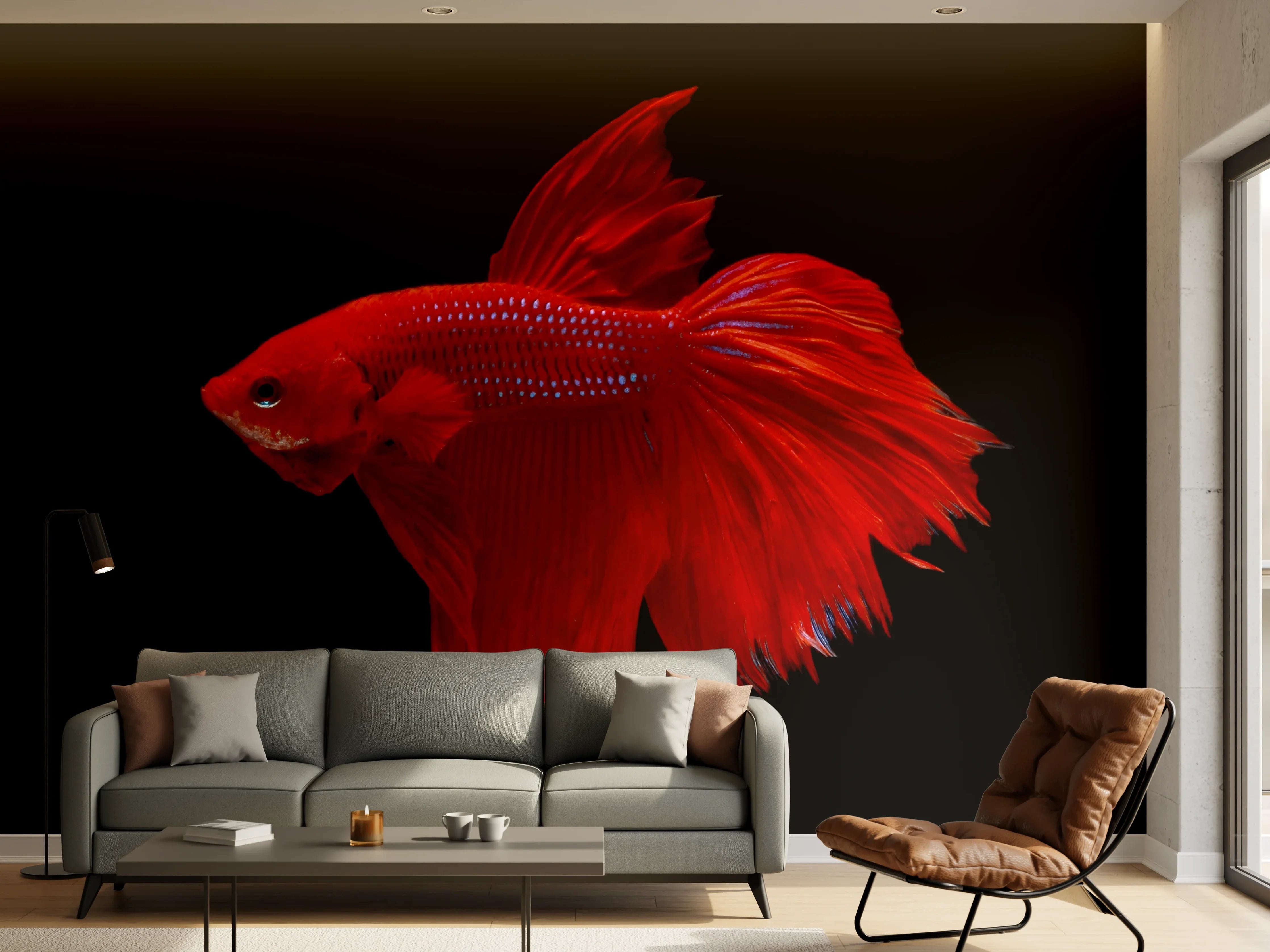 Wandverkleidung Wohnzimmer - Roter Betta-Kampffisch
