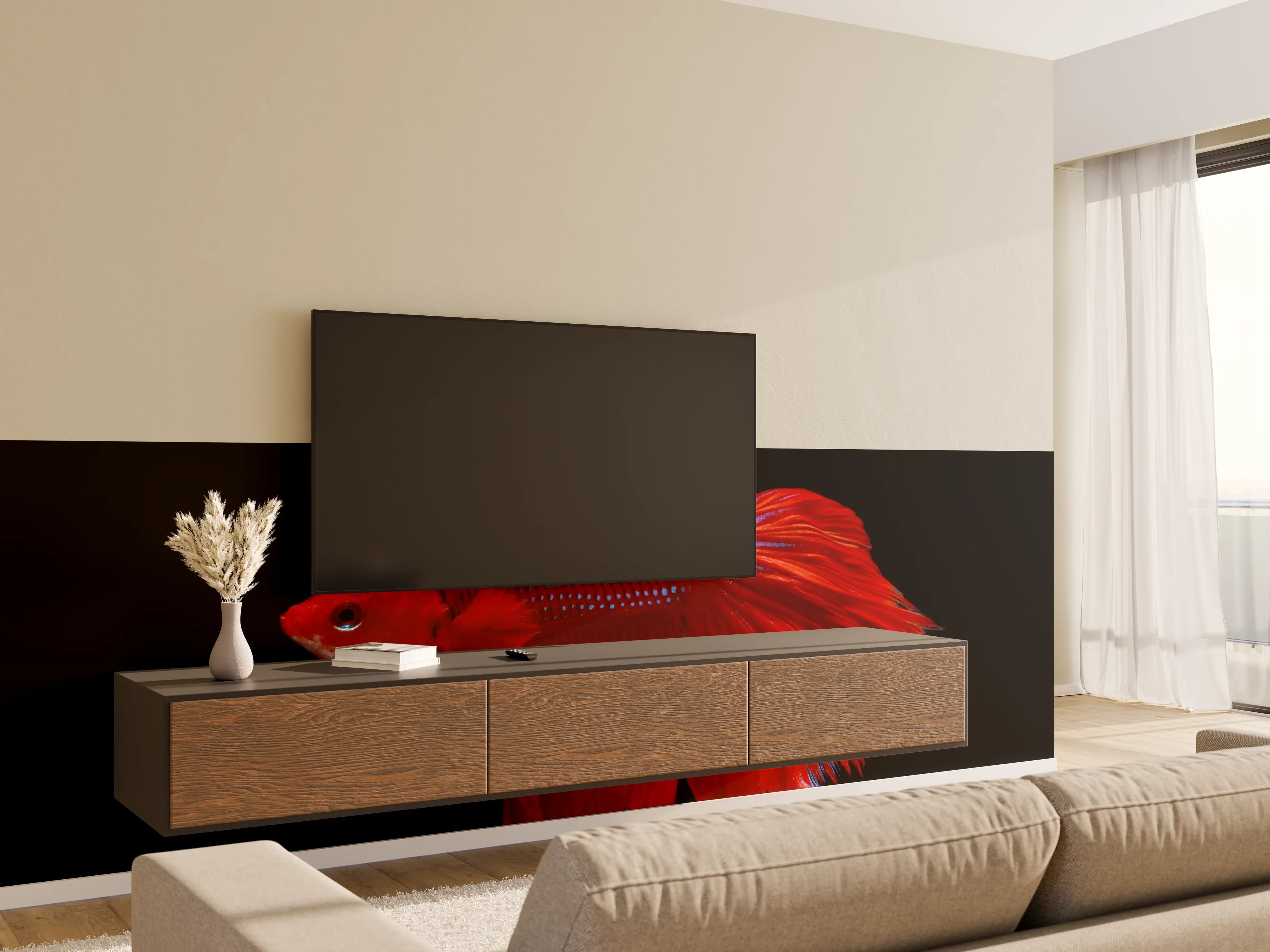 Wandverkleidung Wohnzimmer - Roter Betta-Kampffisch