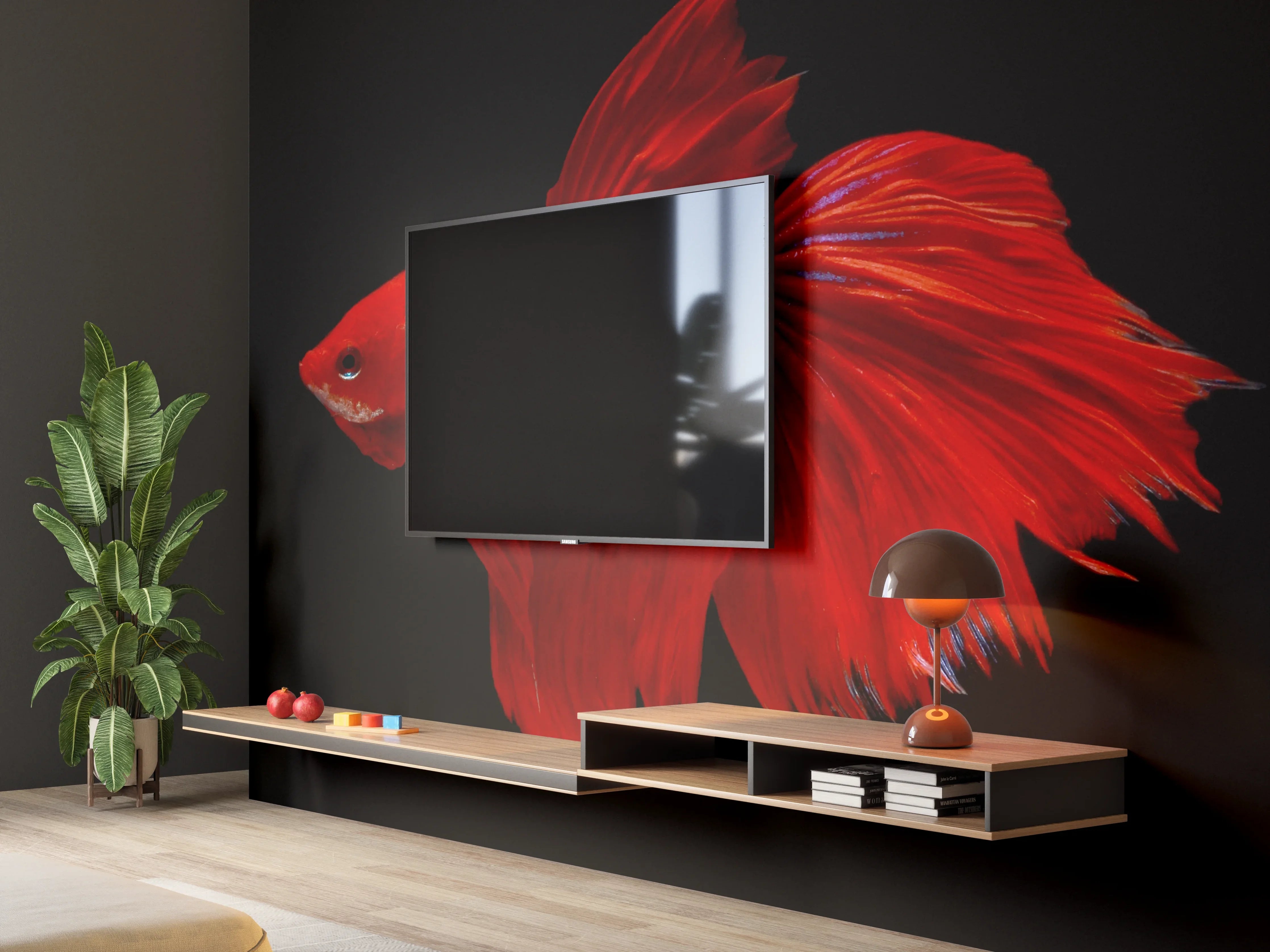 Wandverkleidung Wohnzimmer - Roter Betta-Kampffisch