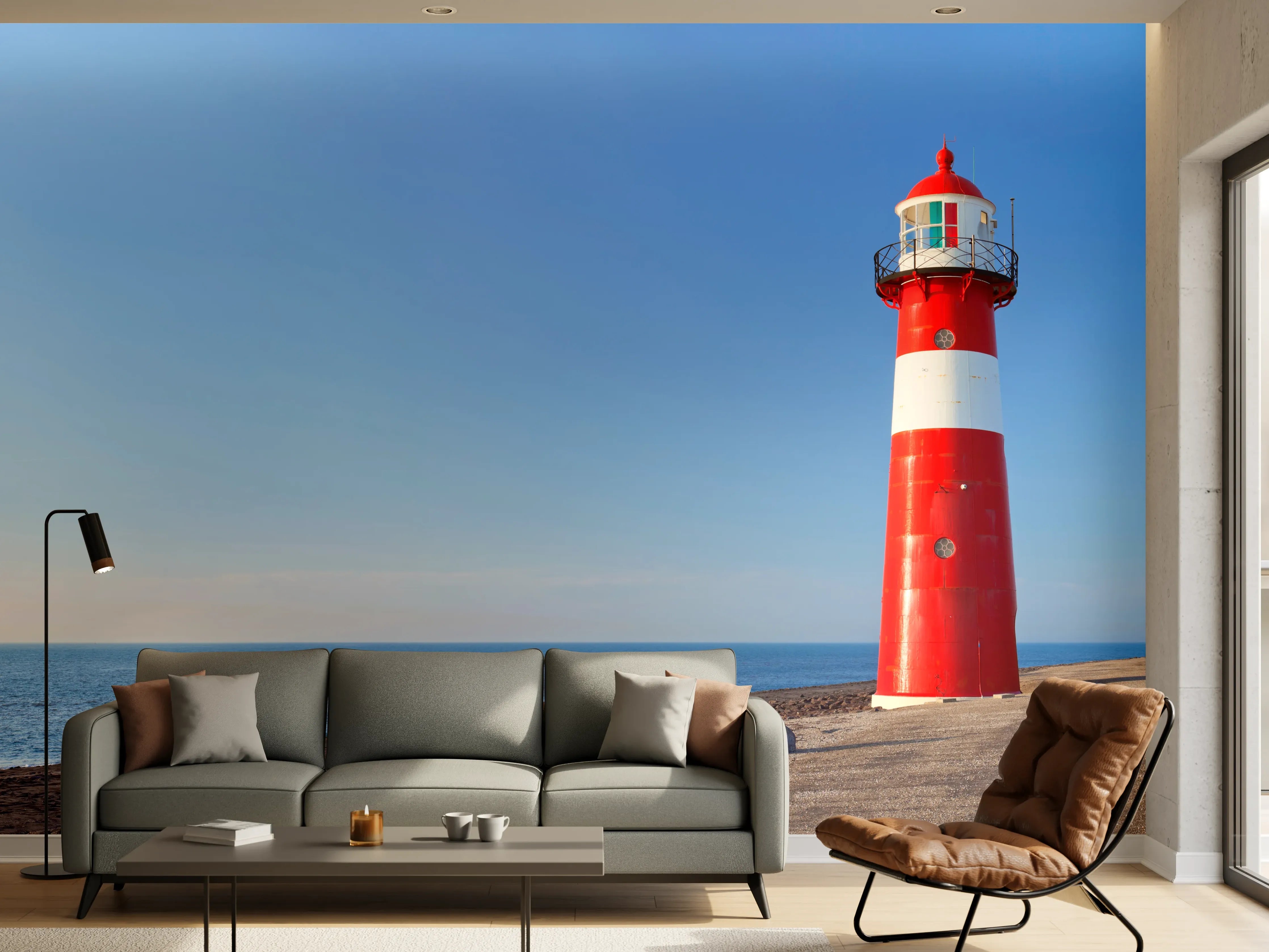 Wandverkleidung Wohnzimmer - Roter Leuchtturm am Meer