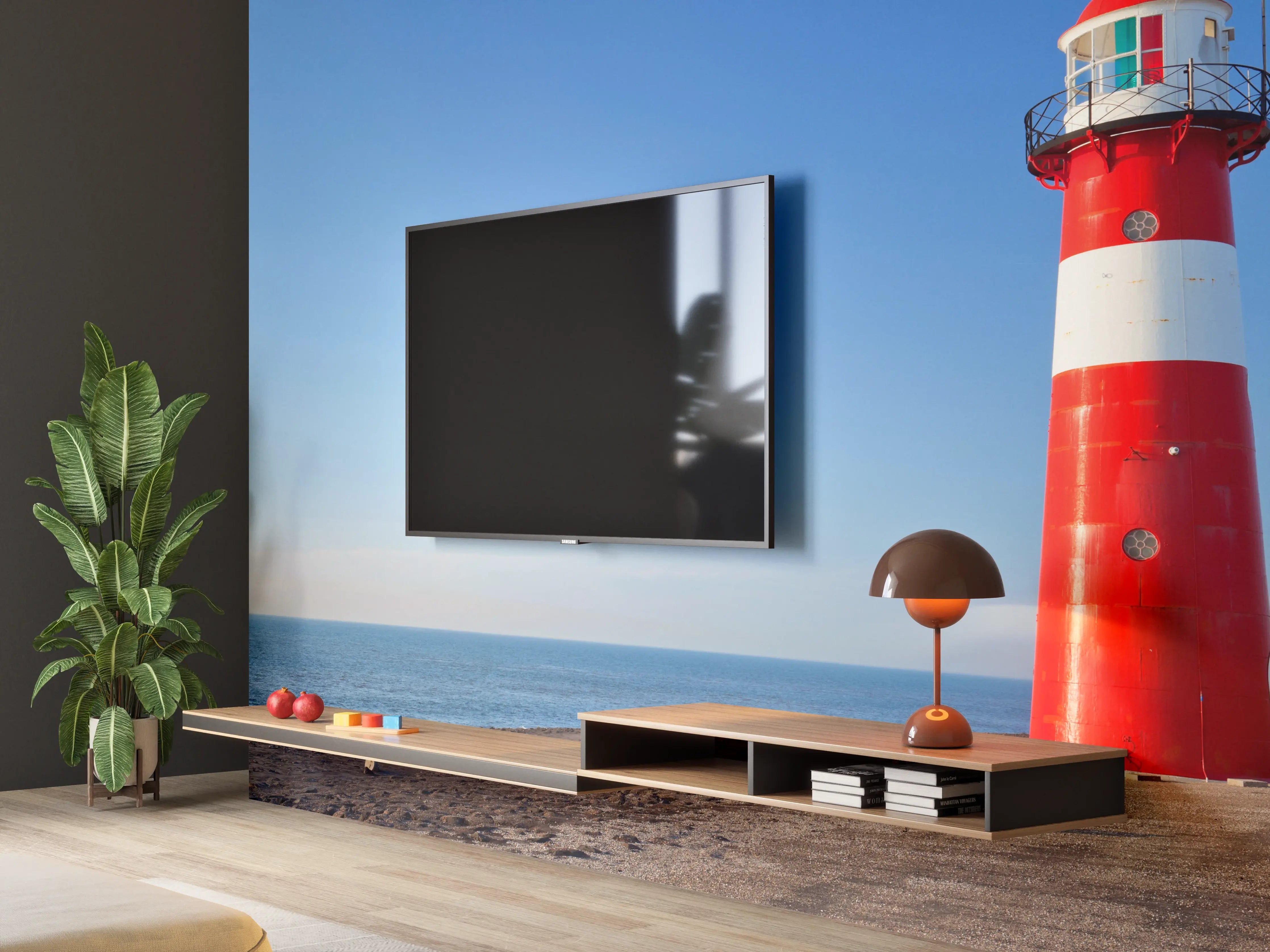 Wandverkleidung Wohnzimmer - Roter Leuchtturm am Meer