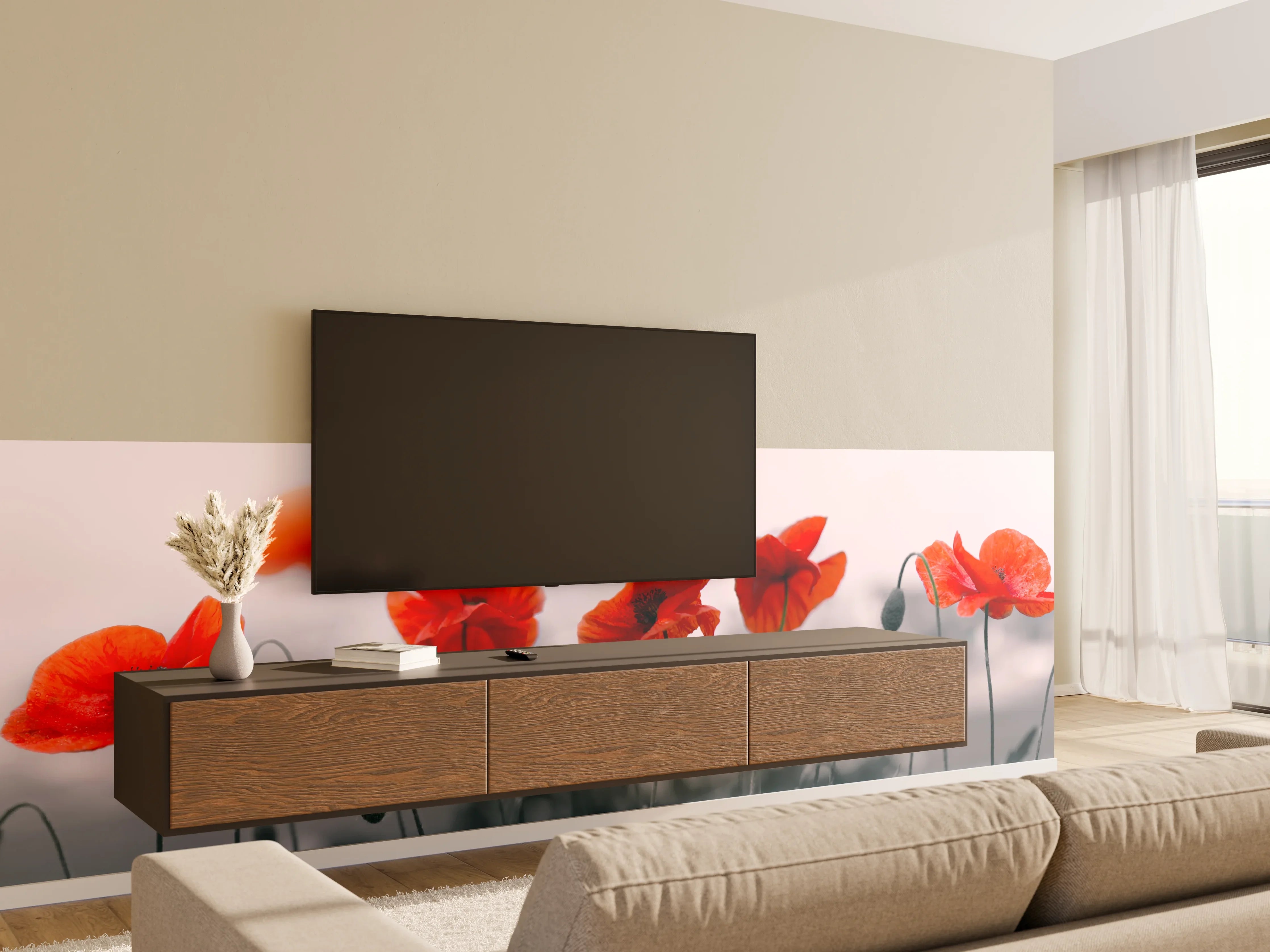 Wandverkleidung Wohnzimmer - Roter Mohn auf hellem Hintergrund