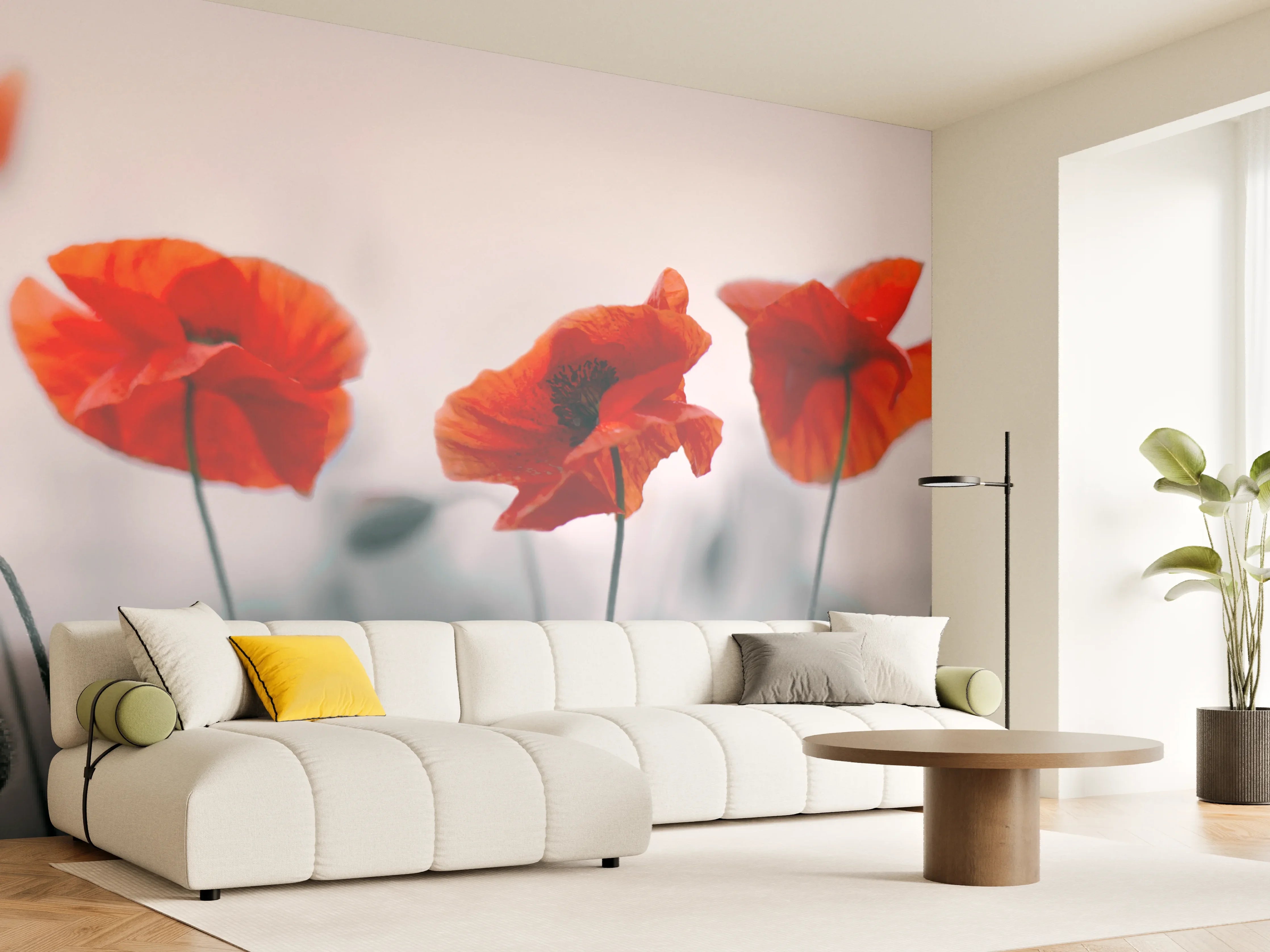 Wandverkleidung Wohnzimmer - Roter Mohn auf hellem Hintergrund