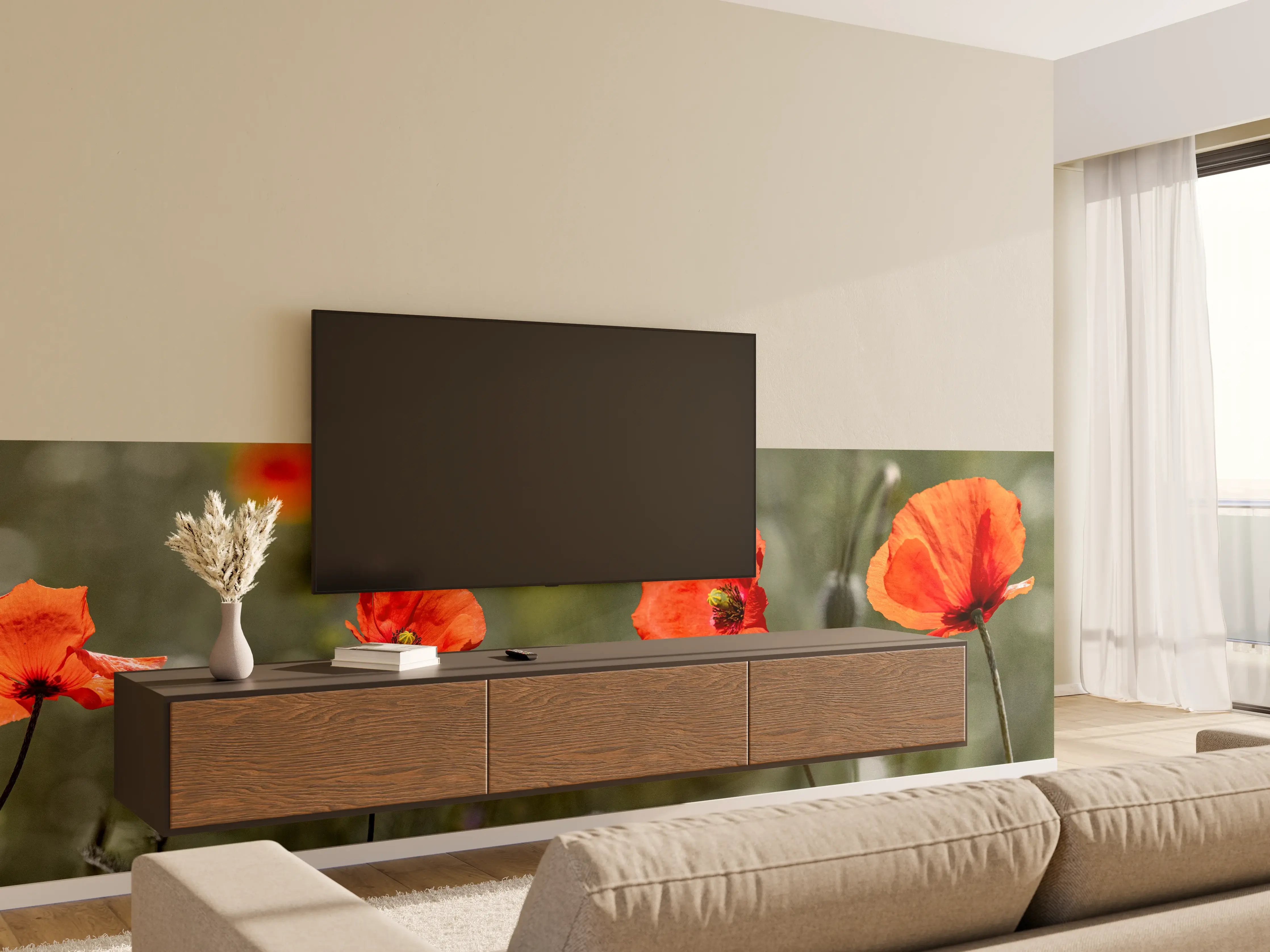 Wandverkleidung Wohnzimmer - Roter Mohn inmitten des Grüns
