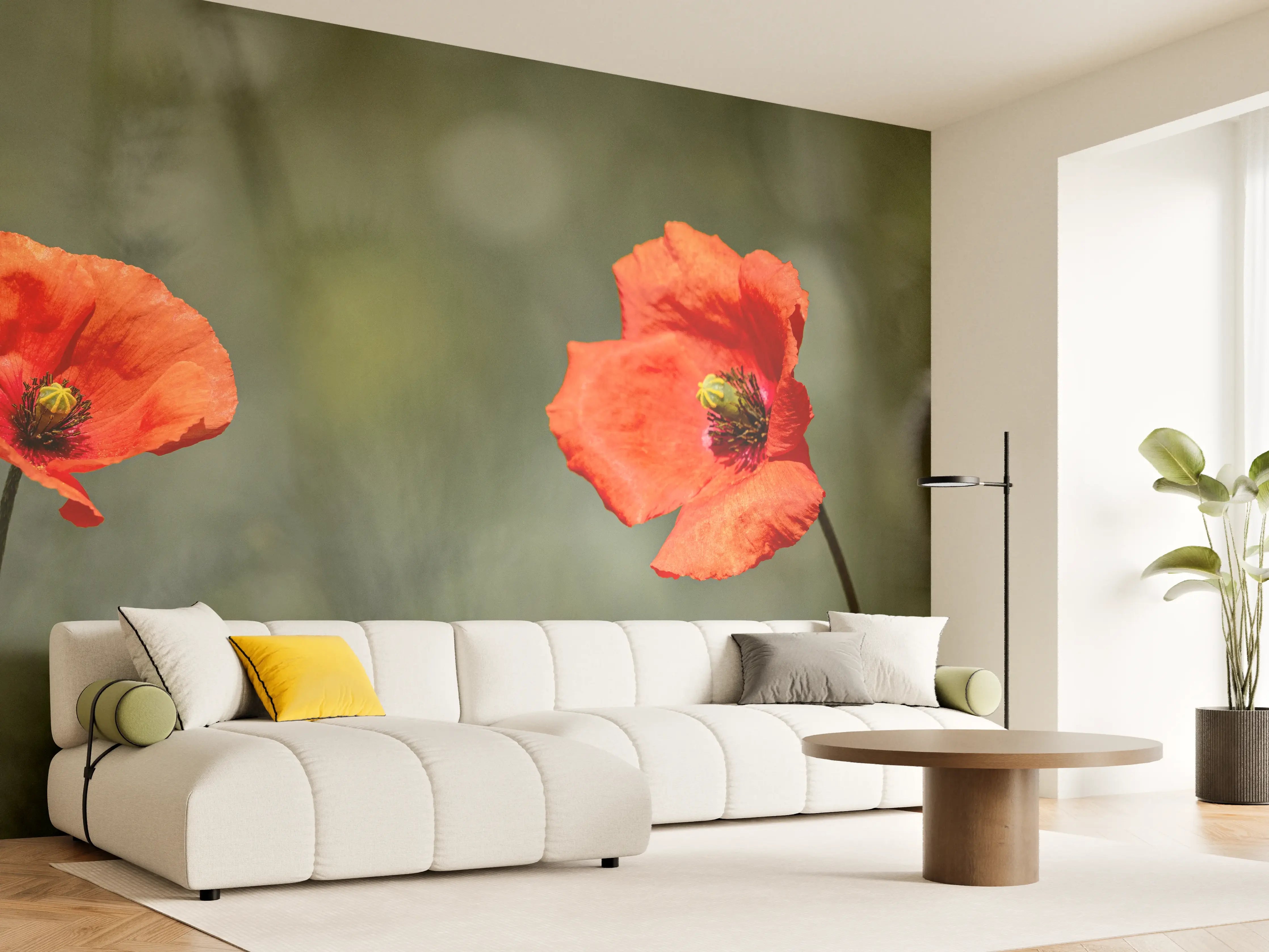 Wandverkleidung Wohnzimmer - Roter Mohn inmitten des Grüns