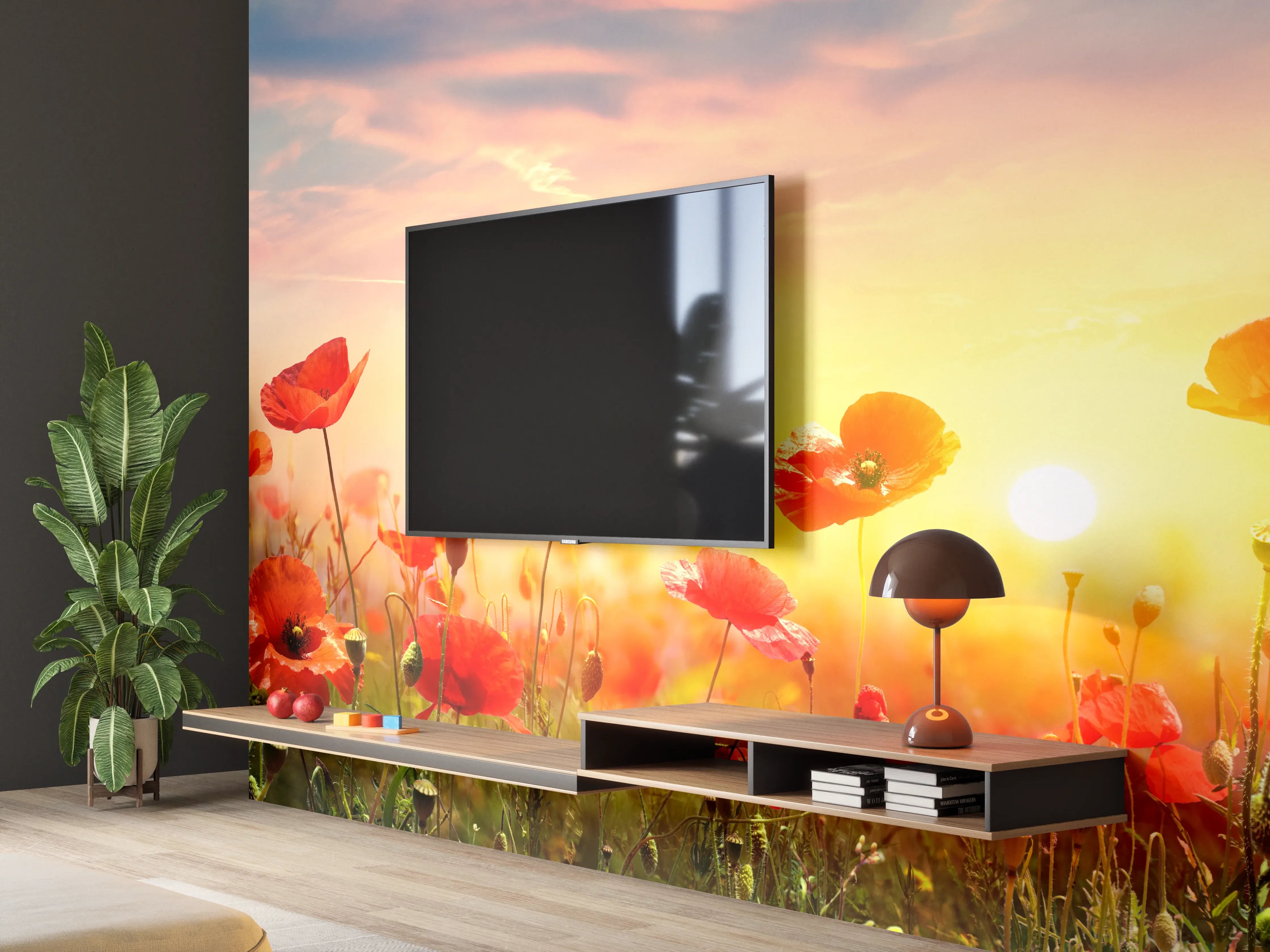 Wandverkleidung Wohnzimmer - Roter Mohnfeld Sonnenaufgang