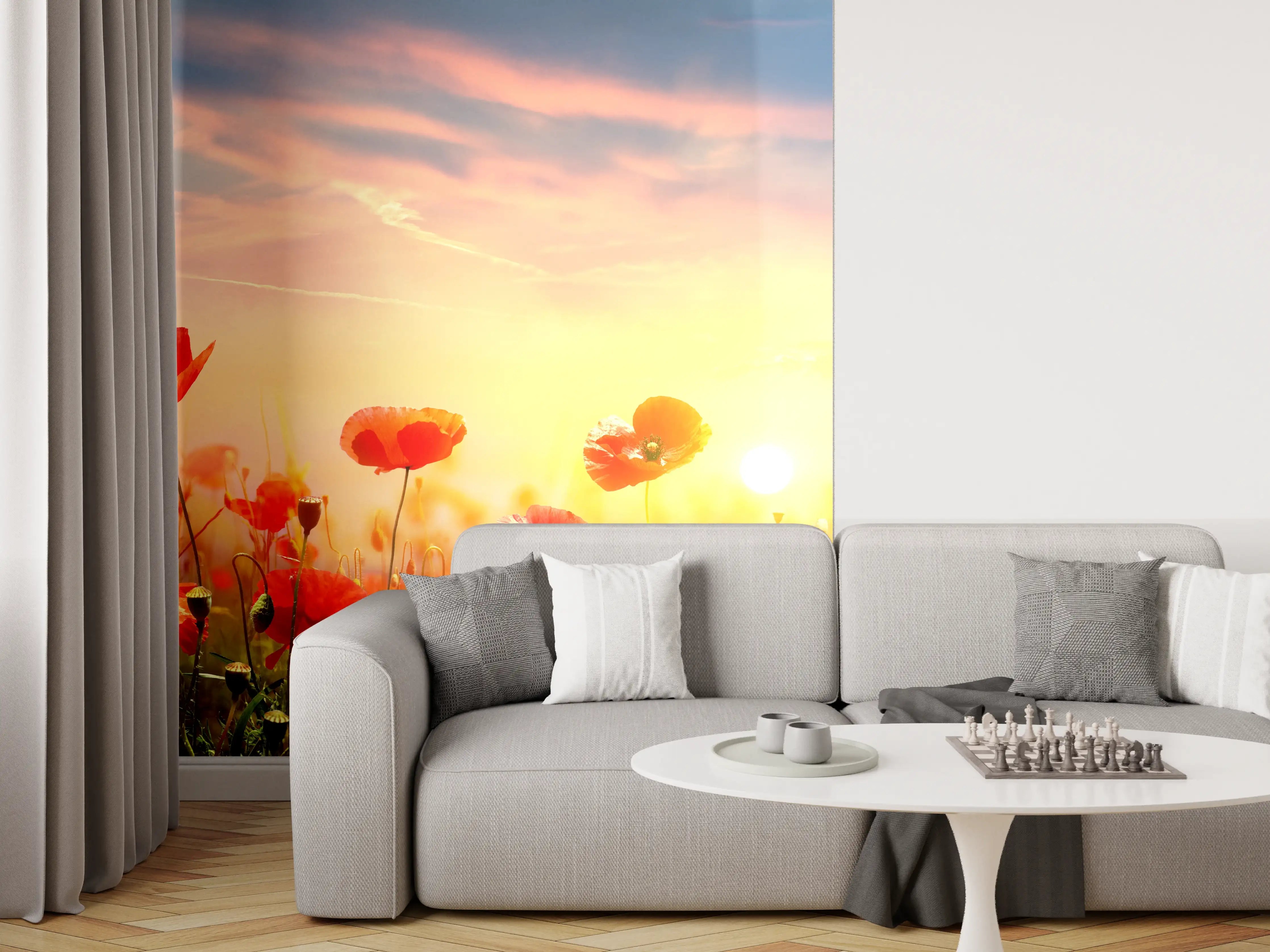 Wandverkleidung Wohnzimmer - Roter Mohnfeld Sonnenaufgang