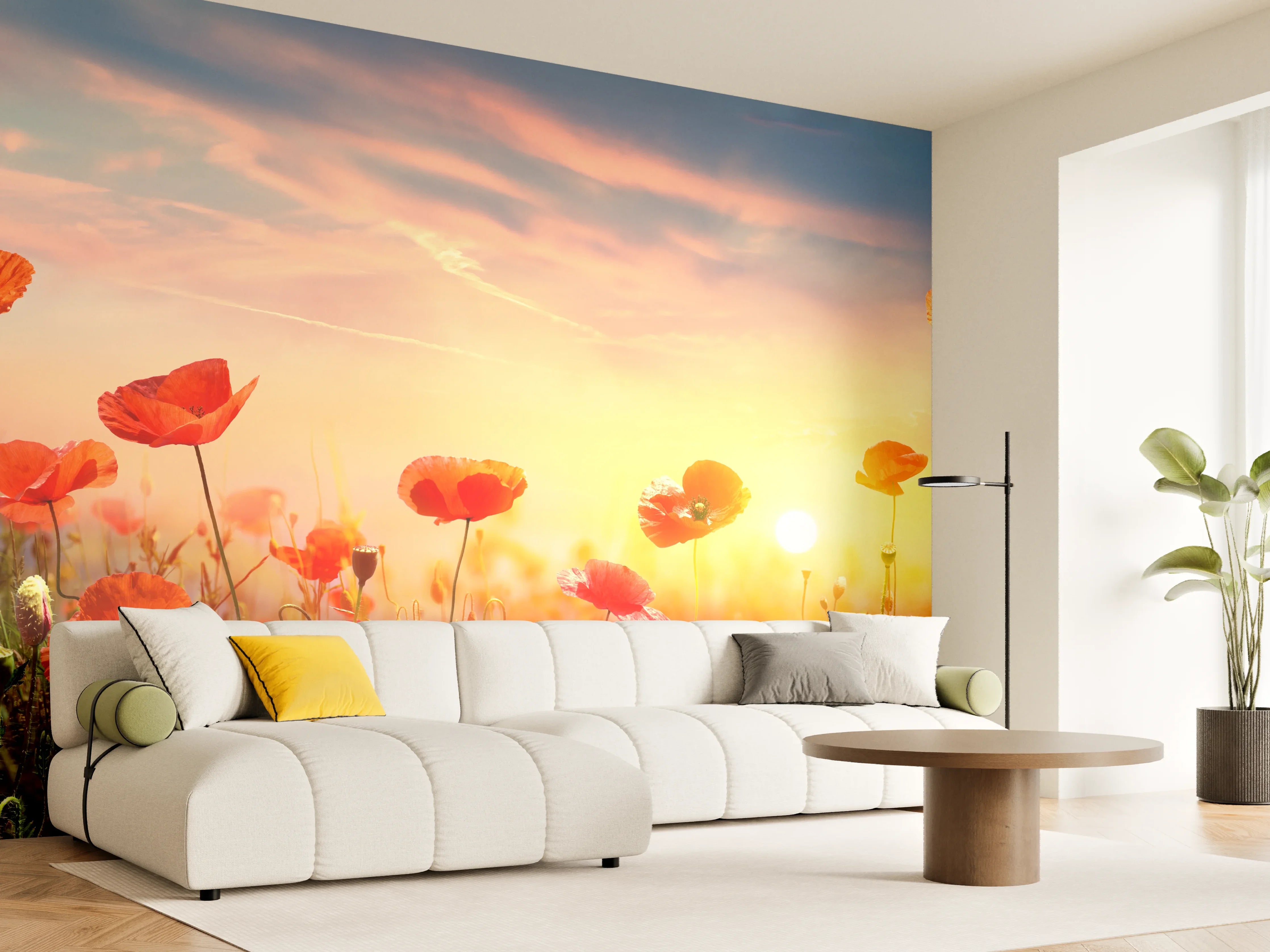 Wandverkleidung Wohnzimmer - Roter Mohnfeld Sonnenaufgang