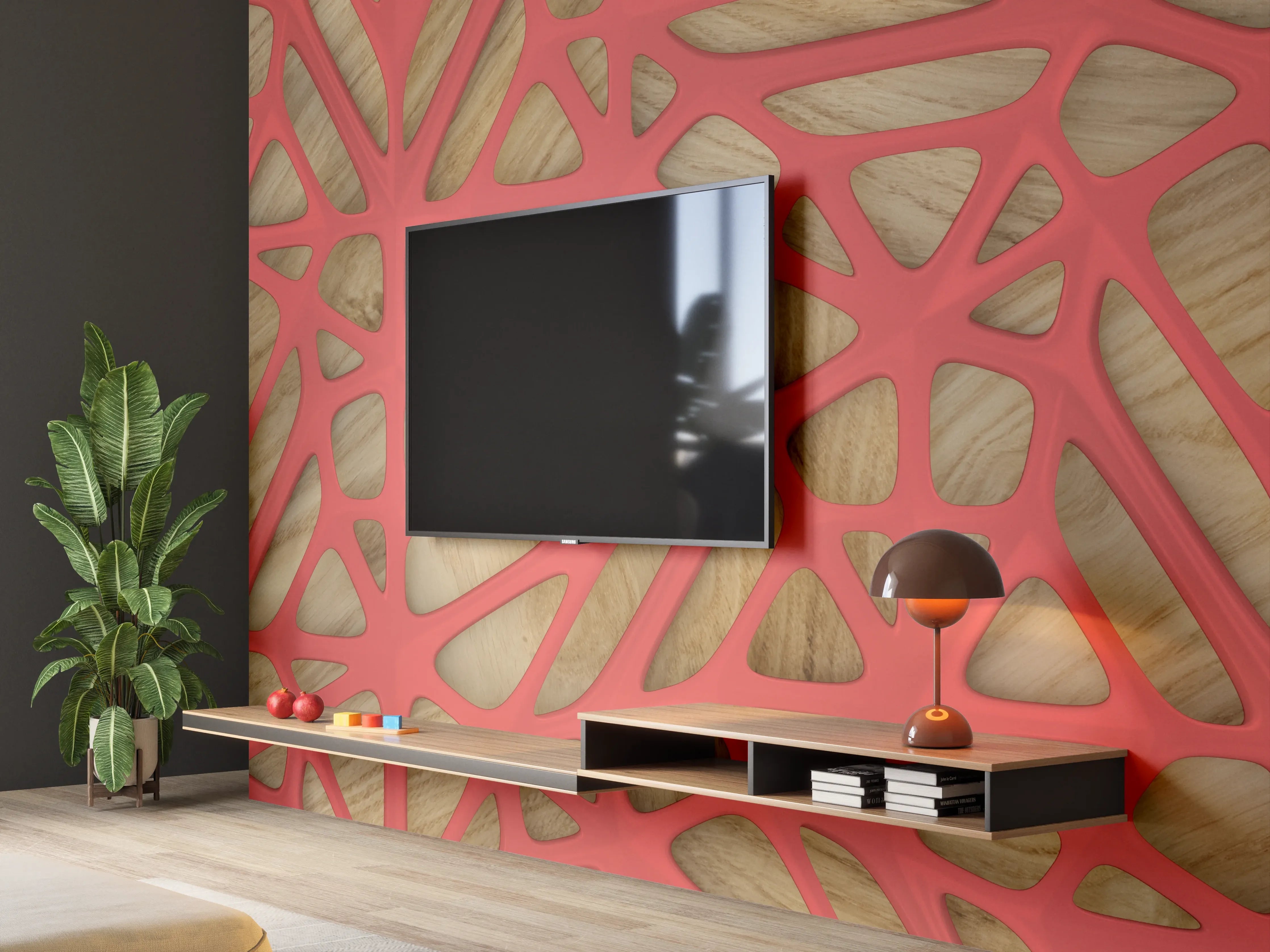 Wandverkleidung Wohnzimmer - Rotes Gitter Muster 