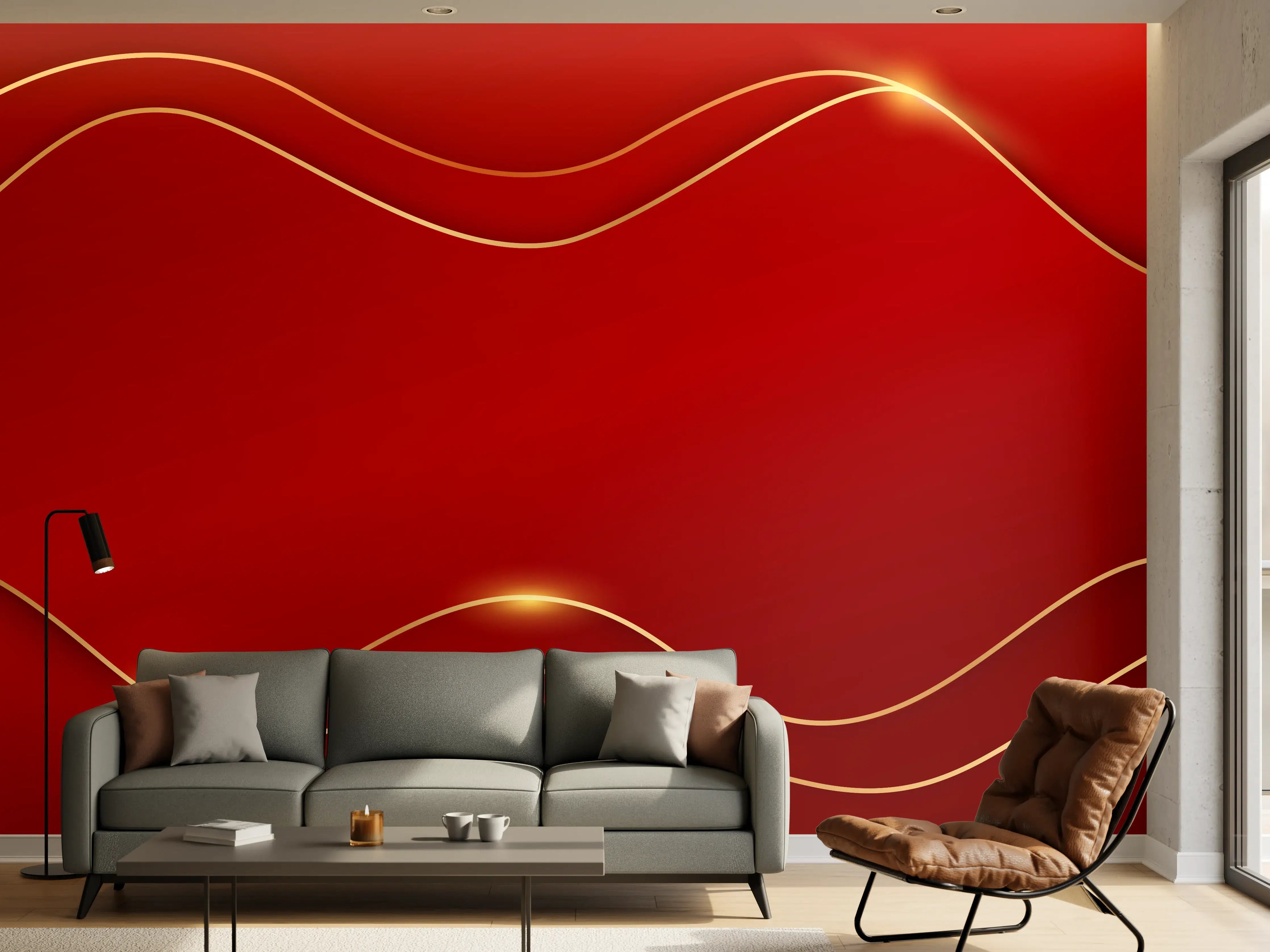 Wandverkleidung Wohnzimmer - Rotes Luxus-Design mit Goldakzenten