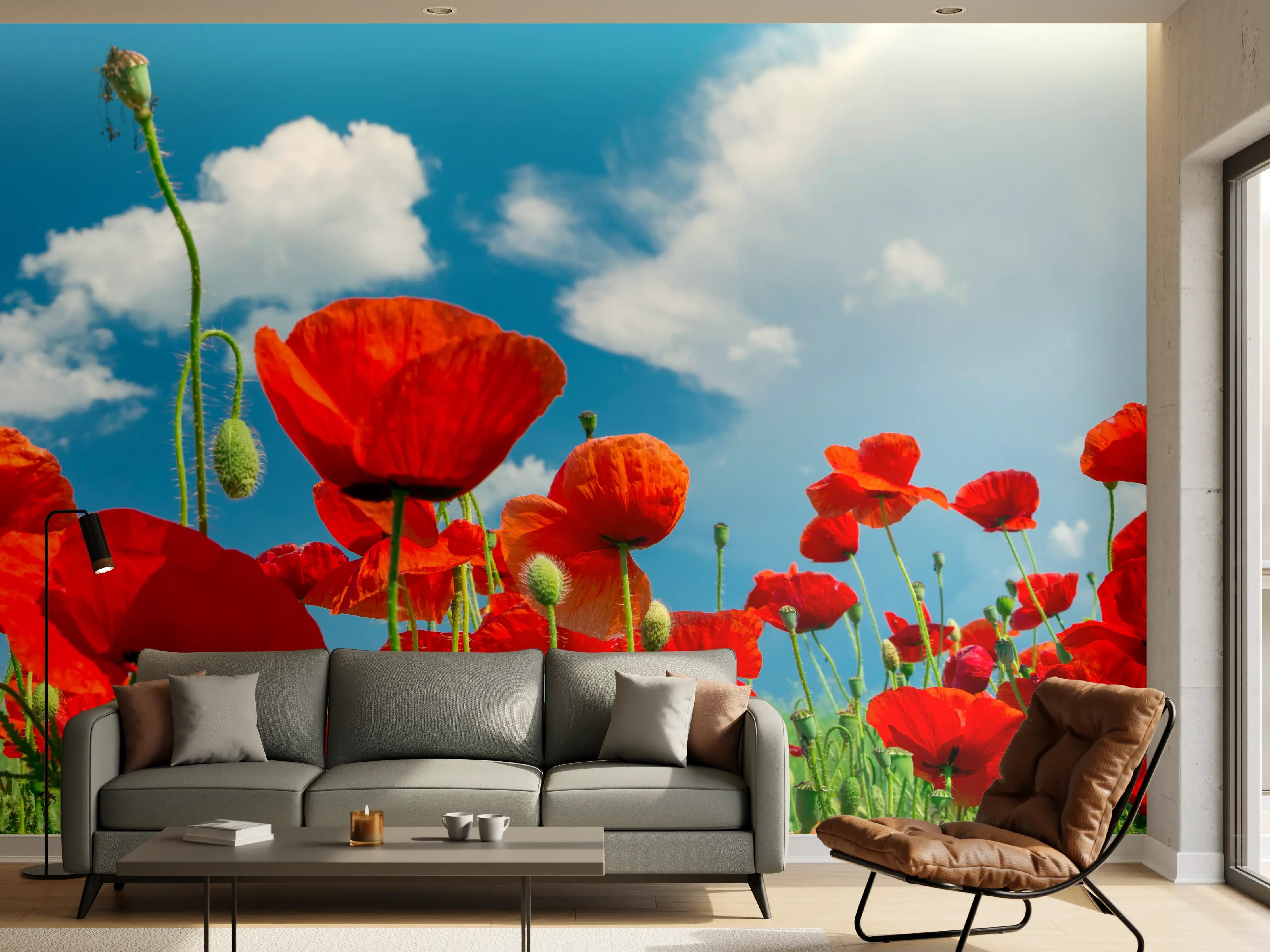 Wandverkleidung Wohnzimmer - Rotes Mohnblumenfeld