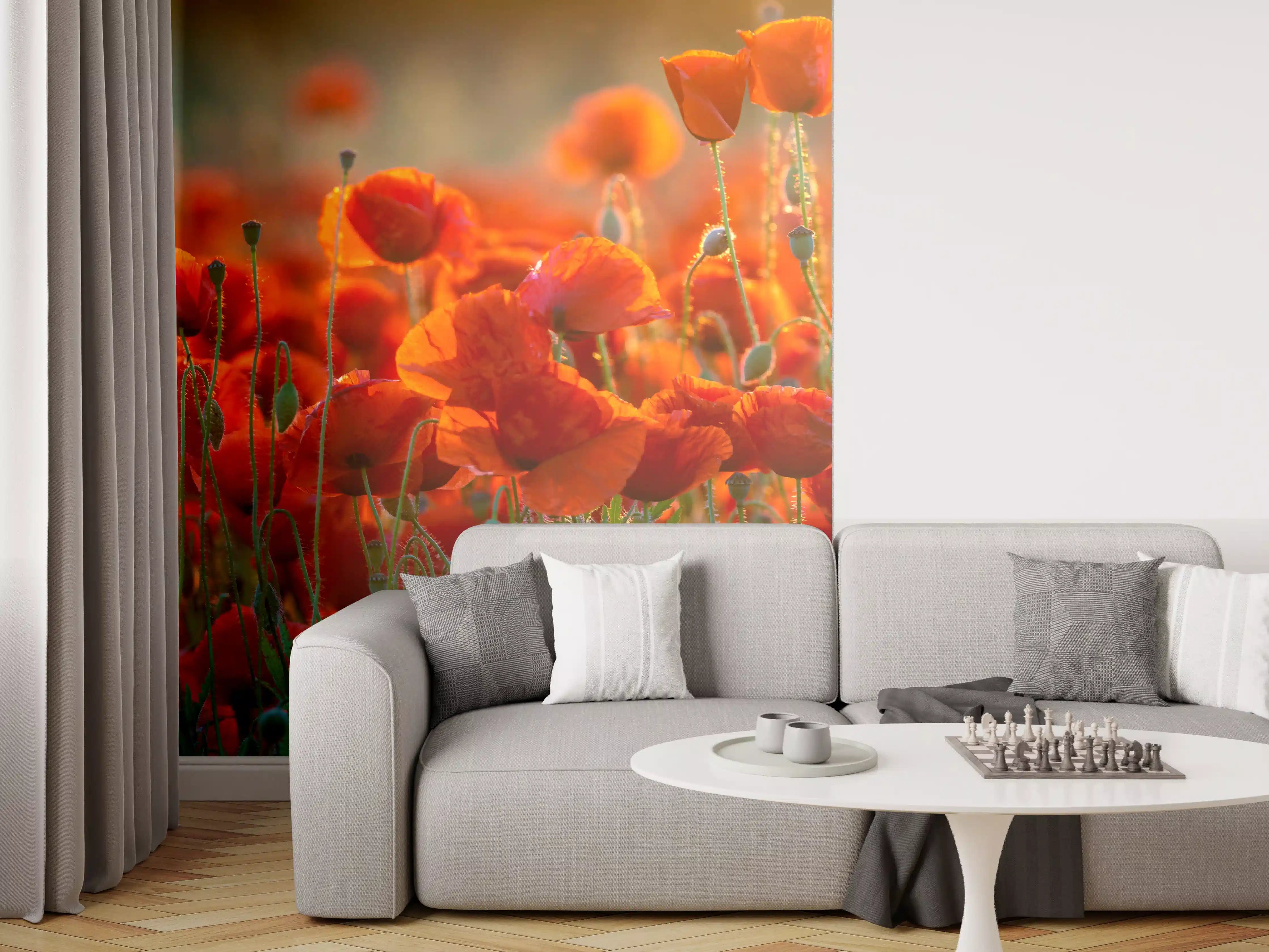 Wandverkleidung Wohnzimmer - Rotes Mohnfeld Panorama